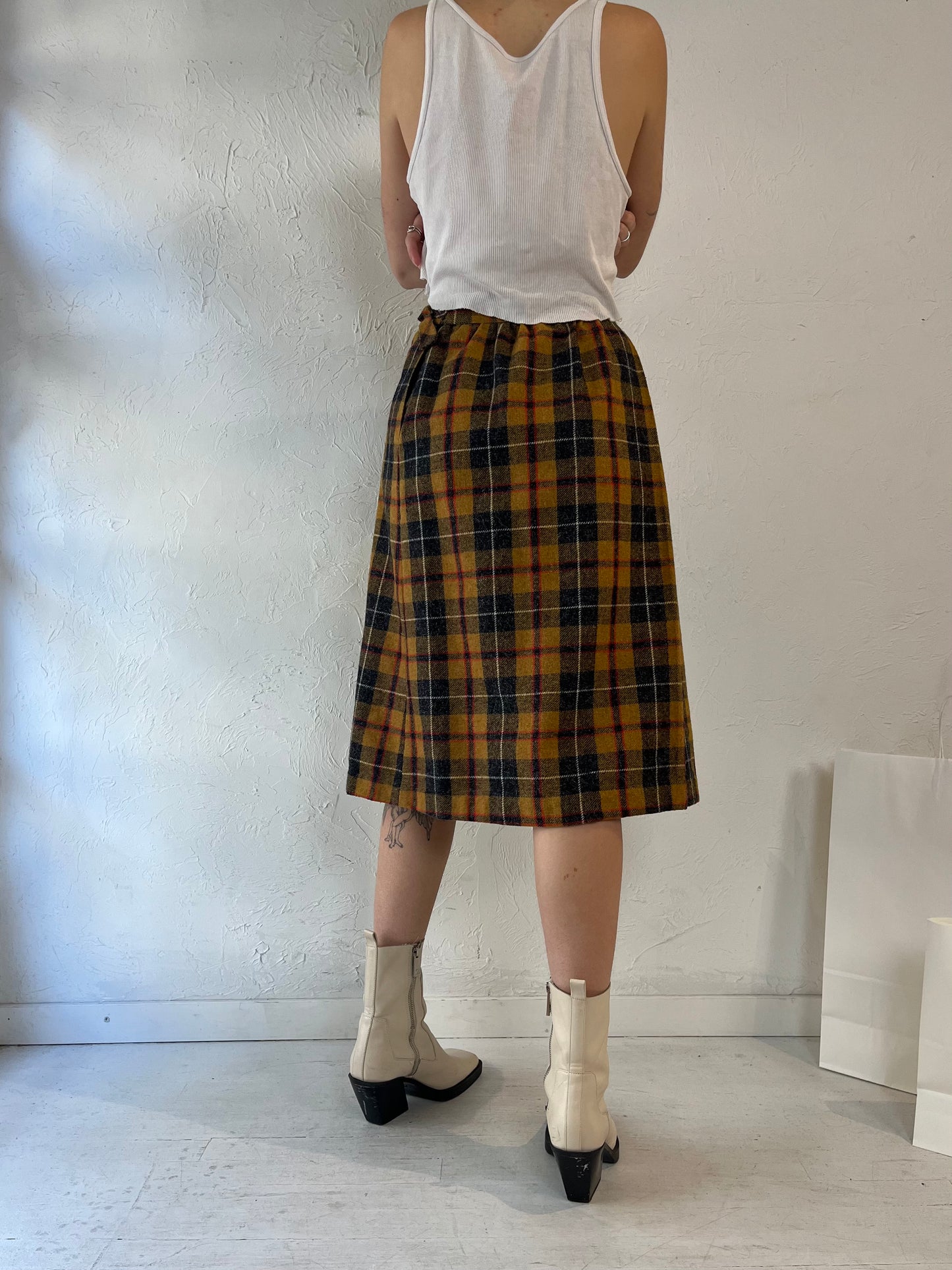 80s Yellow Plaid Midi Skirt / XS