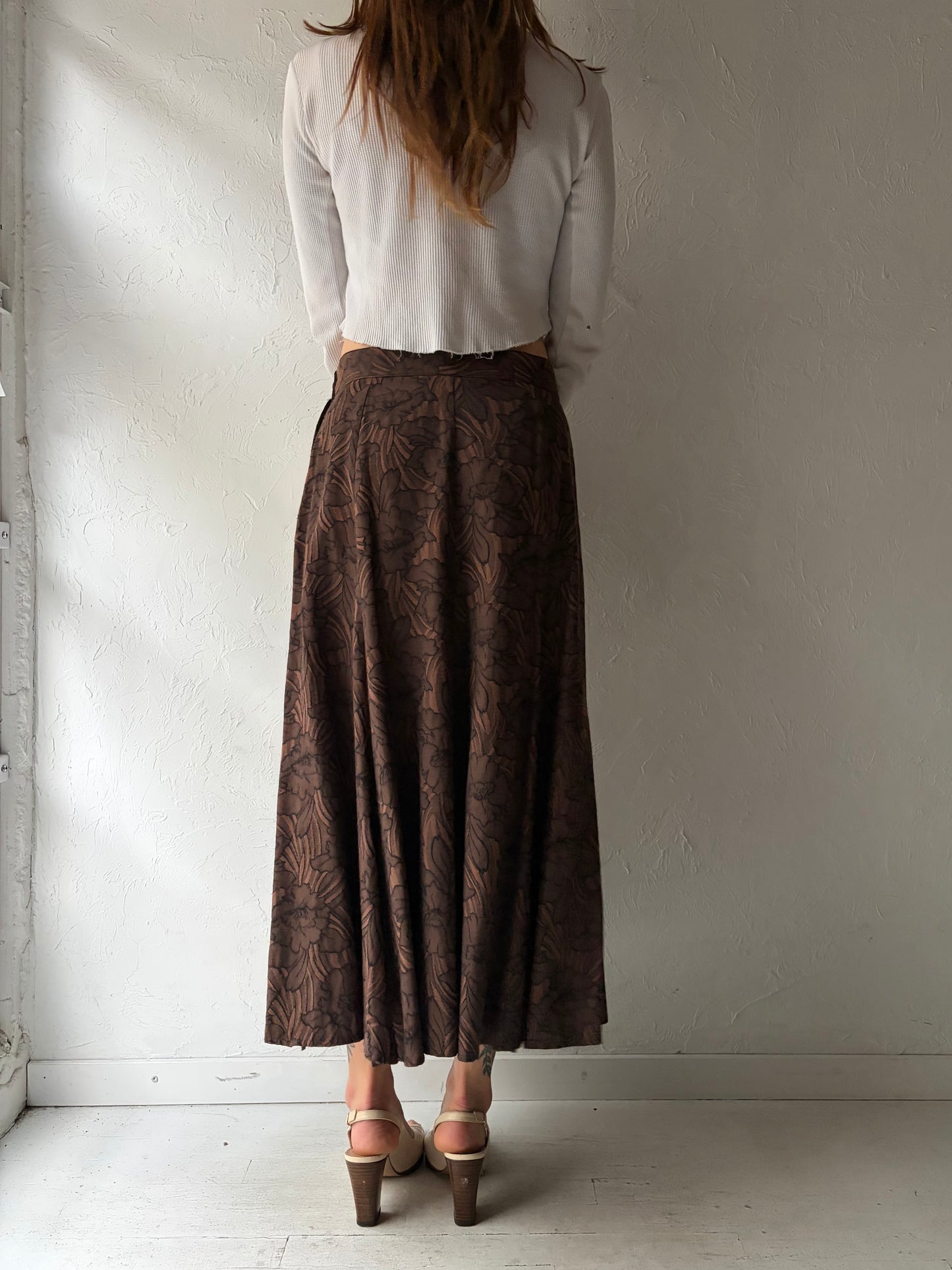 80s 'Magic Moments' Brown Floral Academia A-line Midi Spring Summer Skirt / Medium