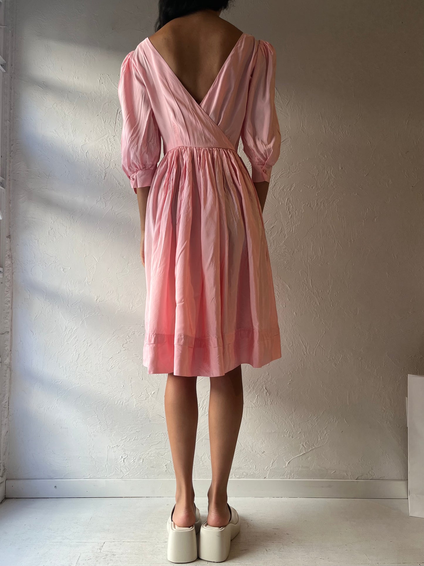 Vintage Handmade Pink Puff Sleeve Midi Dress / Small