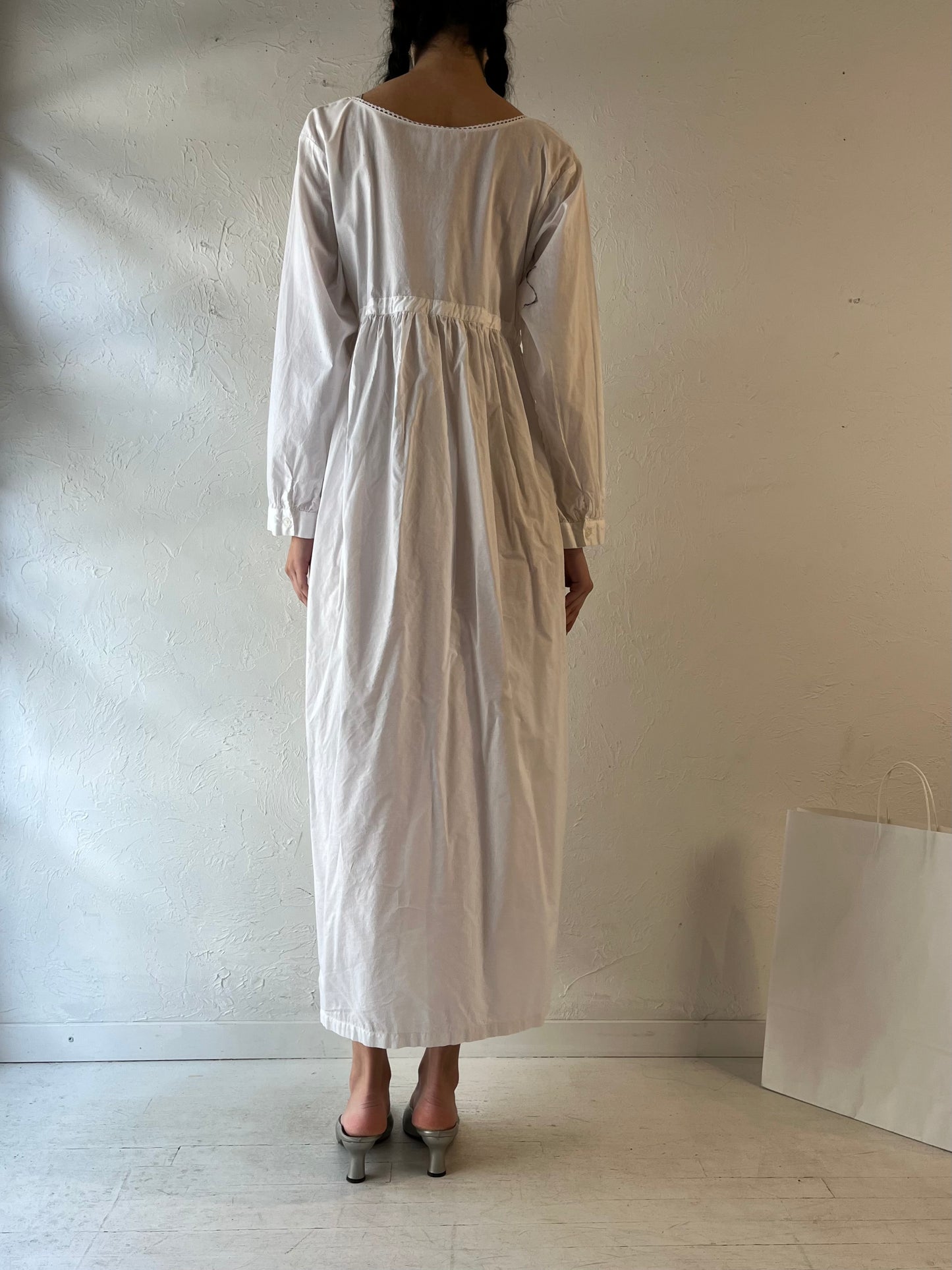 90s ‘Higher State’ Long Sleeve White Cotton Dress / Large
