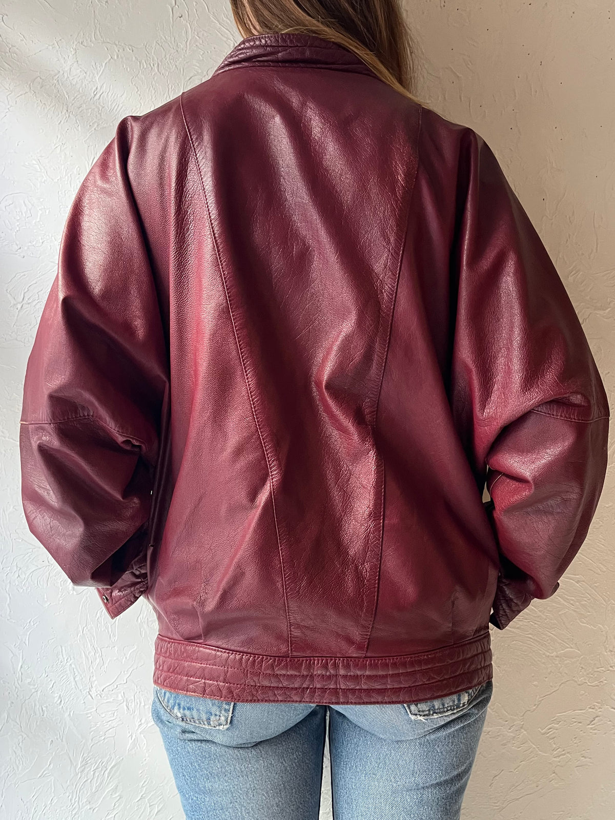 80s Burgundy Leather Jacket / Large