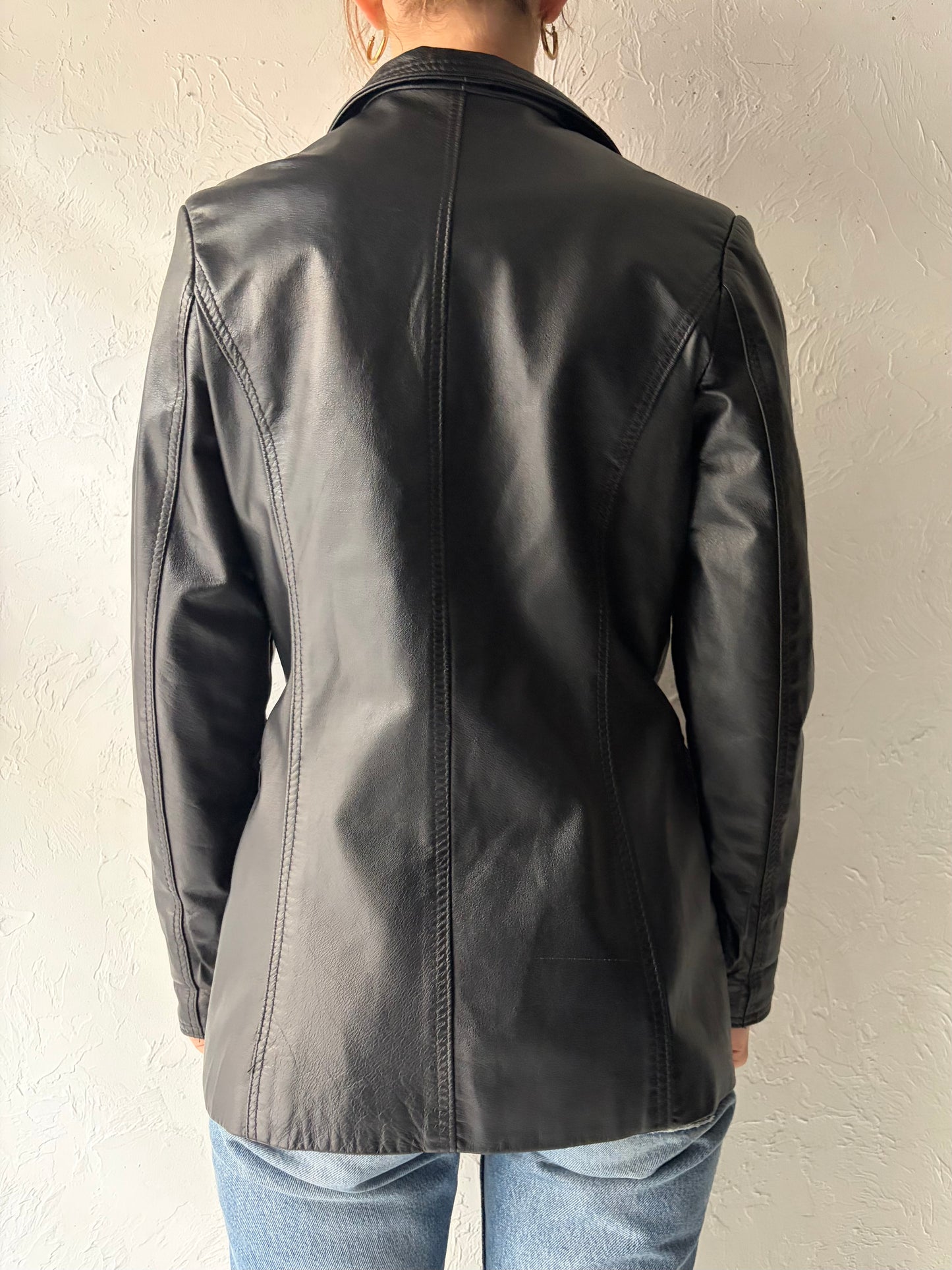 90s 'Leather Ranch' Black Minimalist Leather Jacket / Small