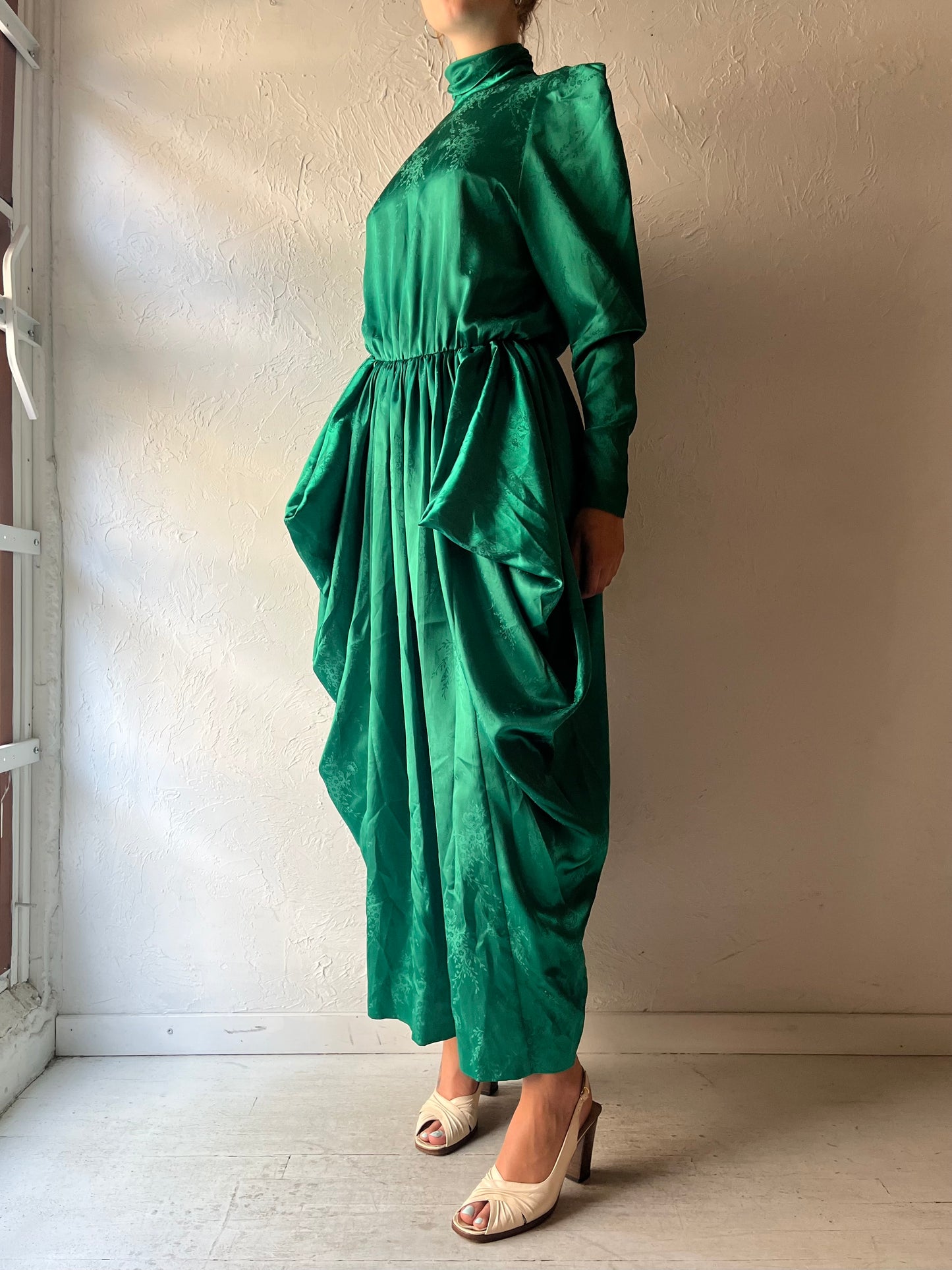 80s Emerald Green Retro Floral Embossed Maxi Formal Party Dress / Small
