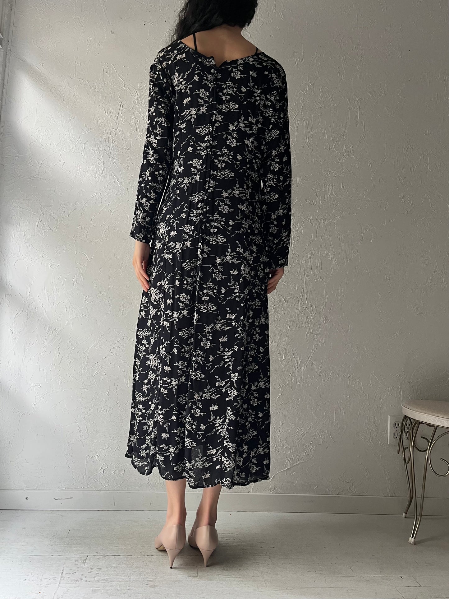 Vintage Black Floral Long Sleeve Rayon Maxi Dress / Medium - Large