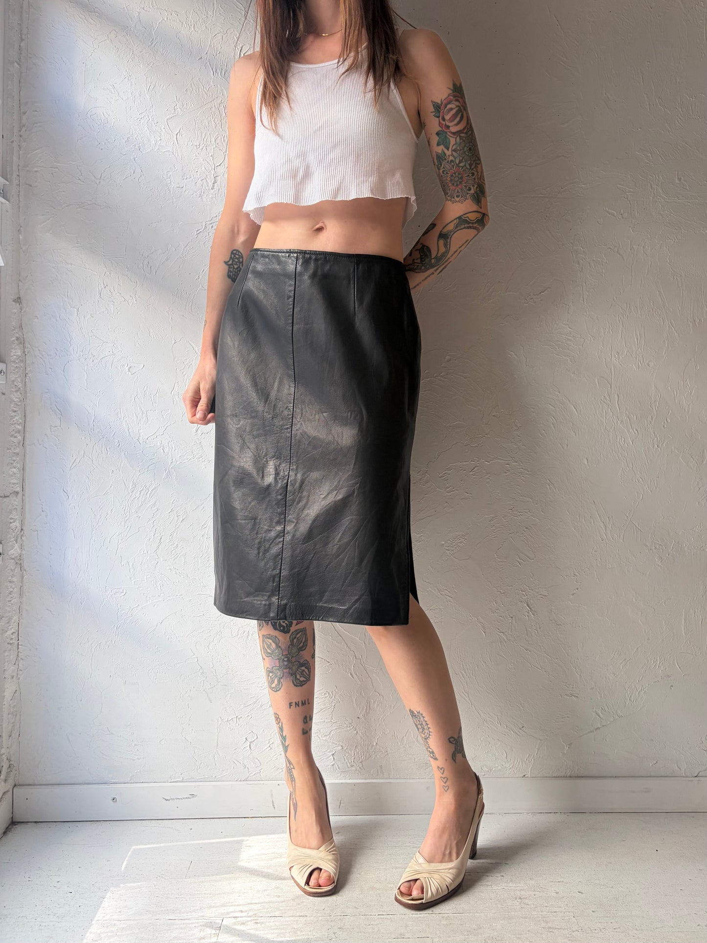 90s 'Danier' Dark Academia Black Leather Pencil High Waisted Skirt / Medium