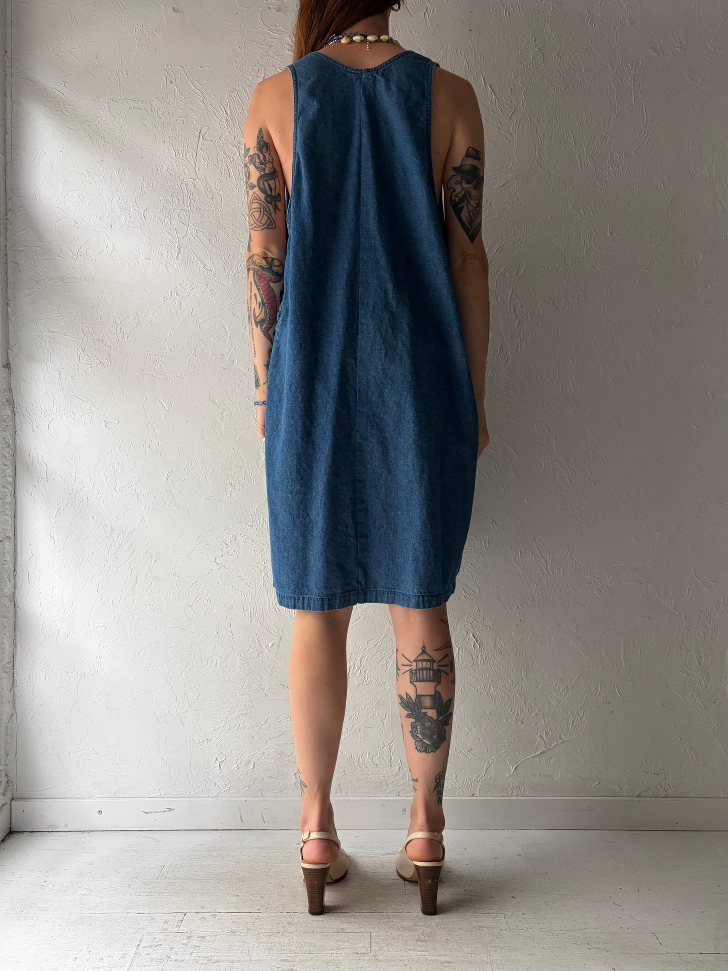 90s Embroidered Denim Fish Dress / Medium