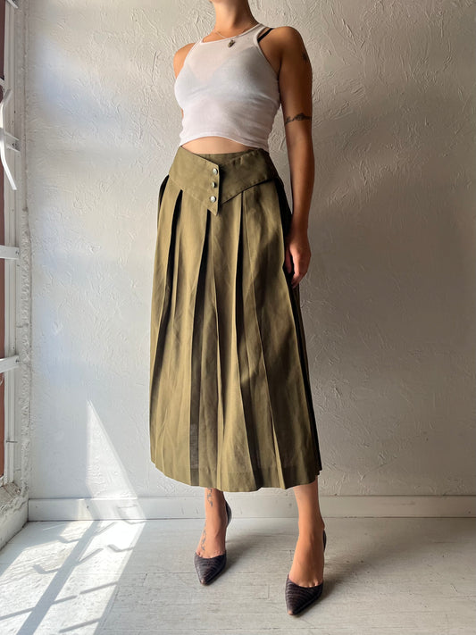 Vintage 'Regalia' Green Pleated Linen Viscose Skirt / Small