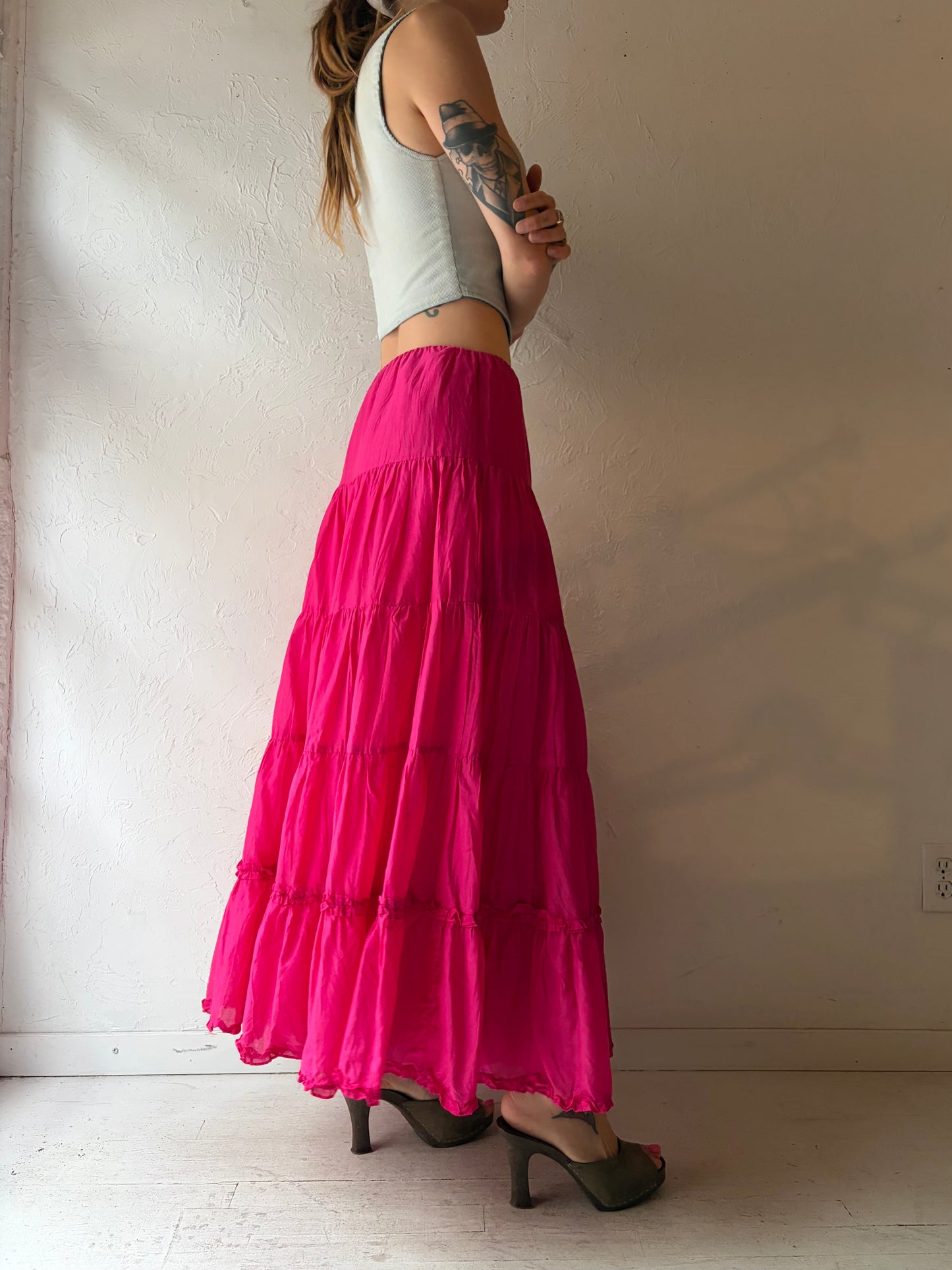 Y2k 'Ralph Lauren' Hot Pink Tiered Maxi Skirt / Small