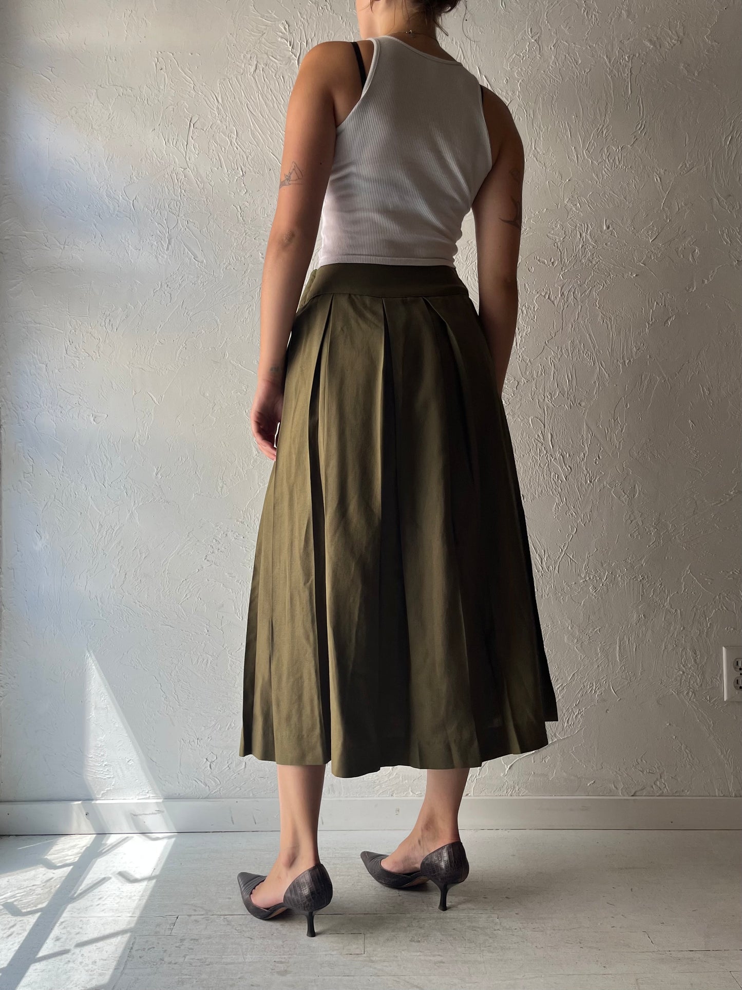 Vintage 'Regalia' Green Pleated Linen Viscose Skirt / Small