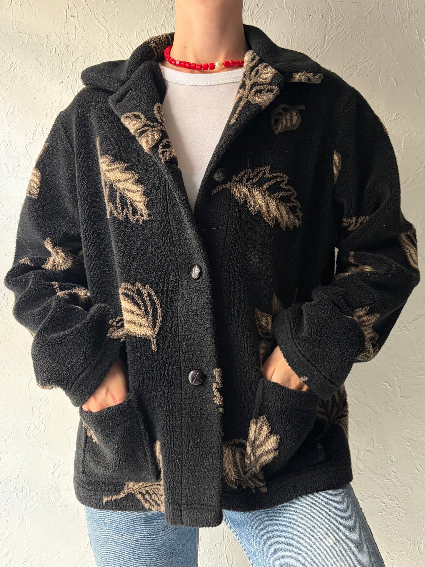 90s 'MIC' Black Leaf Fleece Jacket / Small