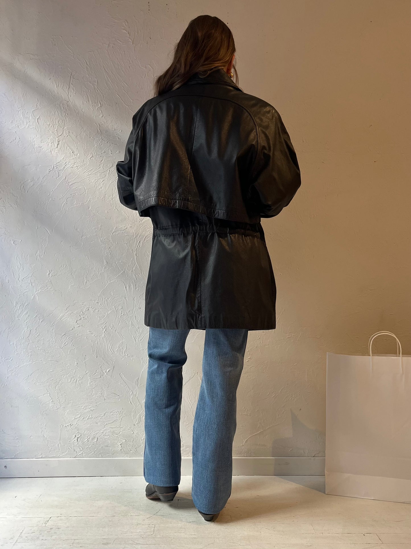 90s 'Wilsons' Black Leather Drawstring Jacket / Medium