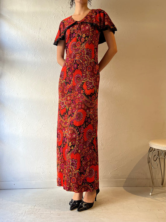 70s Retro Floral Print Maxi Dress / Small