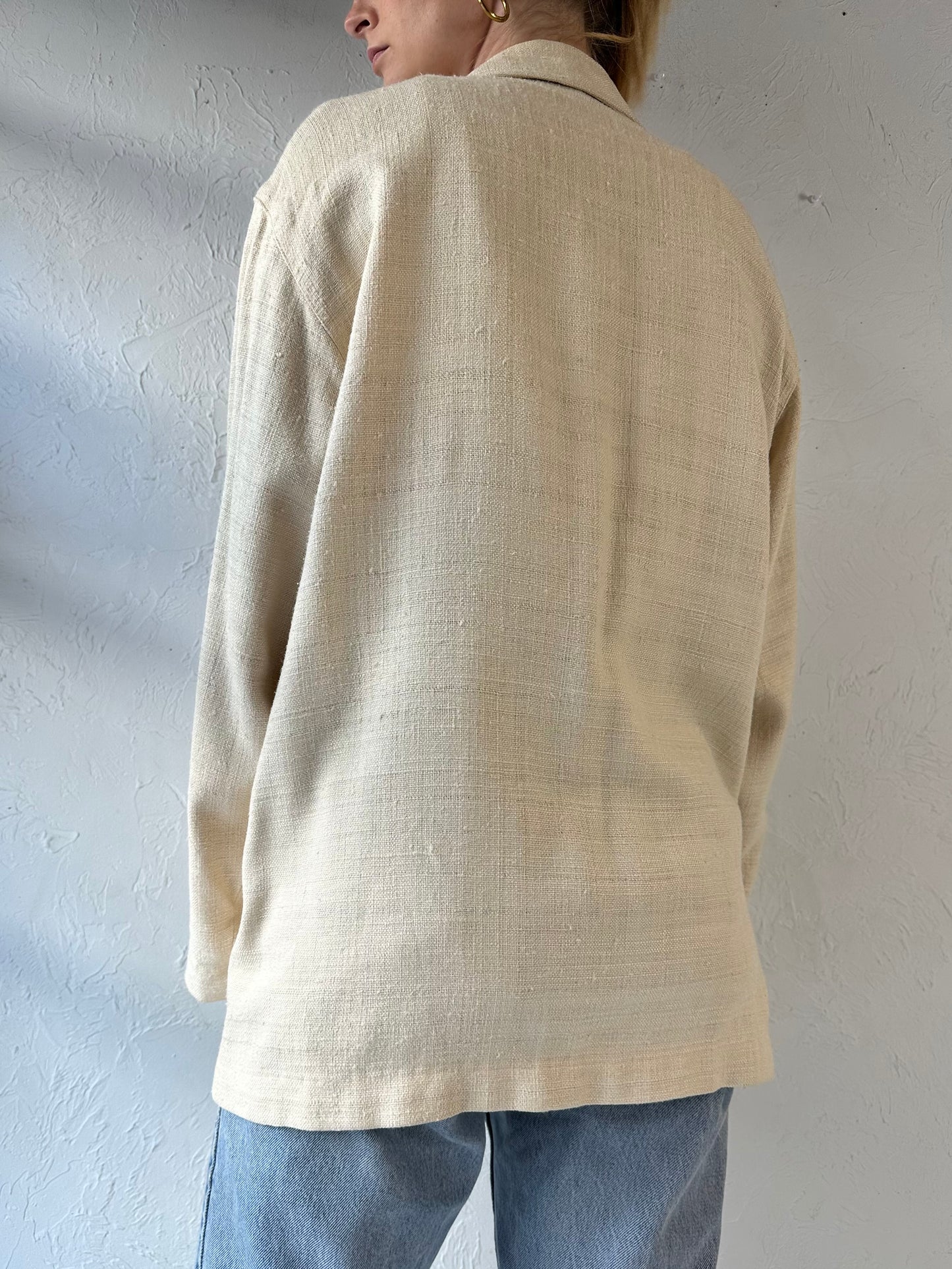 90s 'Savannah' Cream Silk Knit Oversized Blazer Jacket / Medium