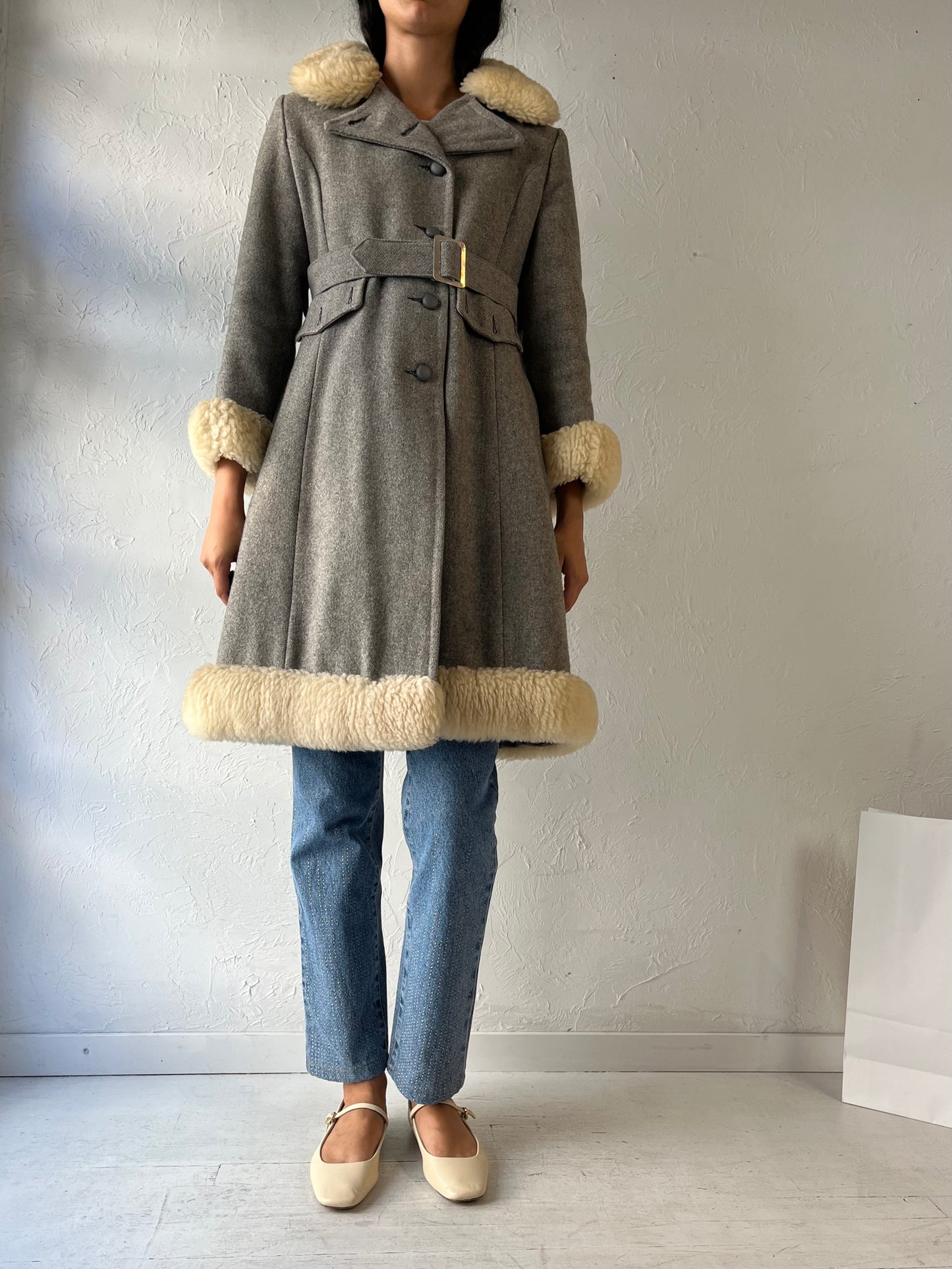 70s Gray Knit Winter Coat / Small