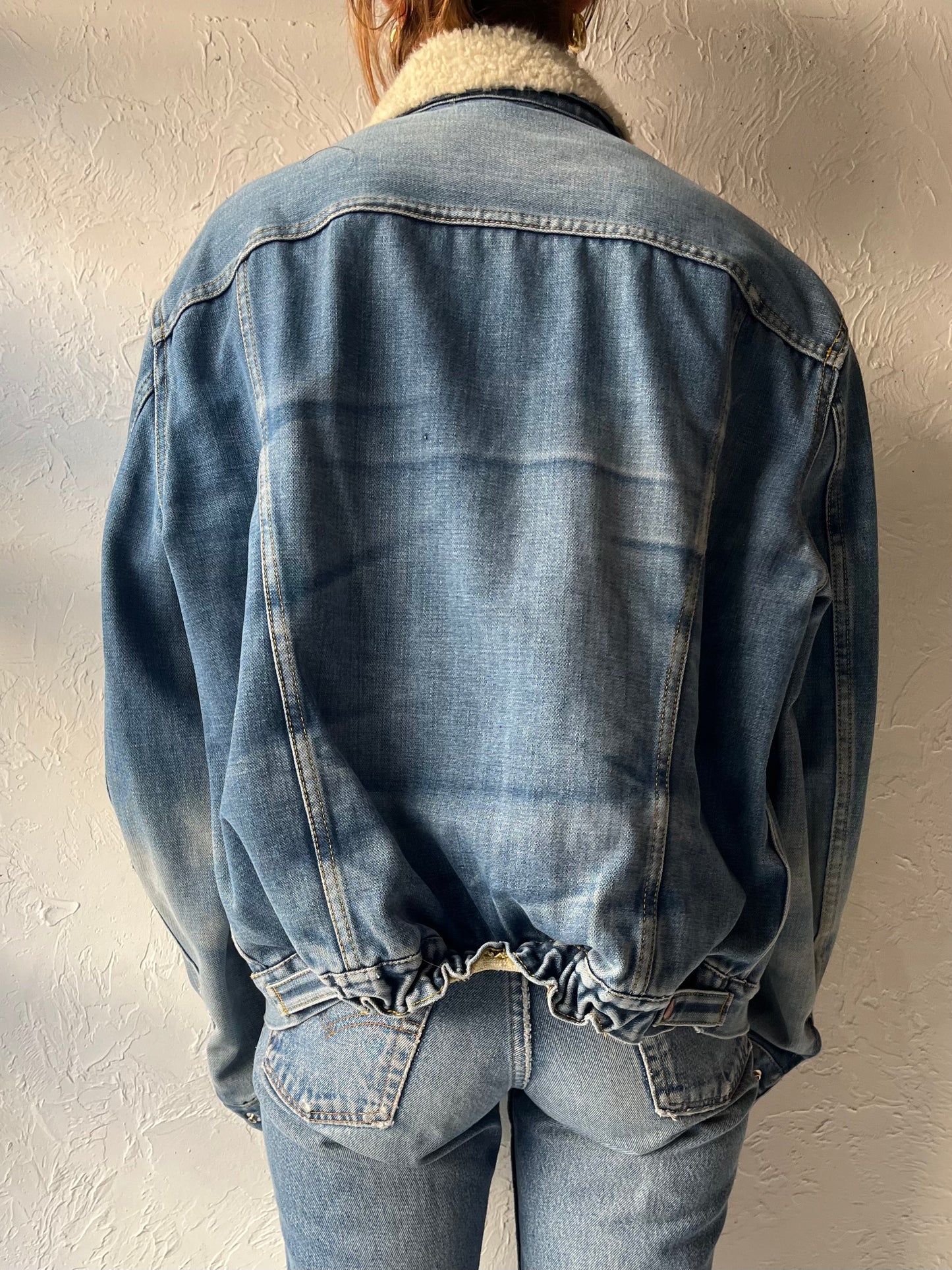80s 'GWG' Faux Shearing Lined Denim Work Wear Classic Blue Trucker Jacket / Large