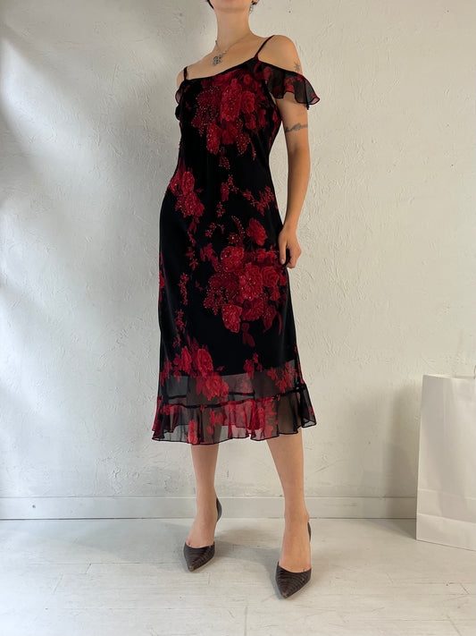 90s 'Connected' Black and Red Floral Print Dress / Large