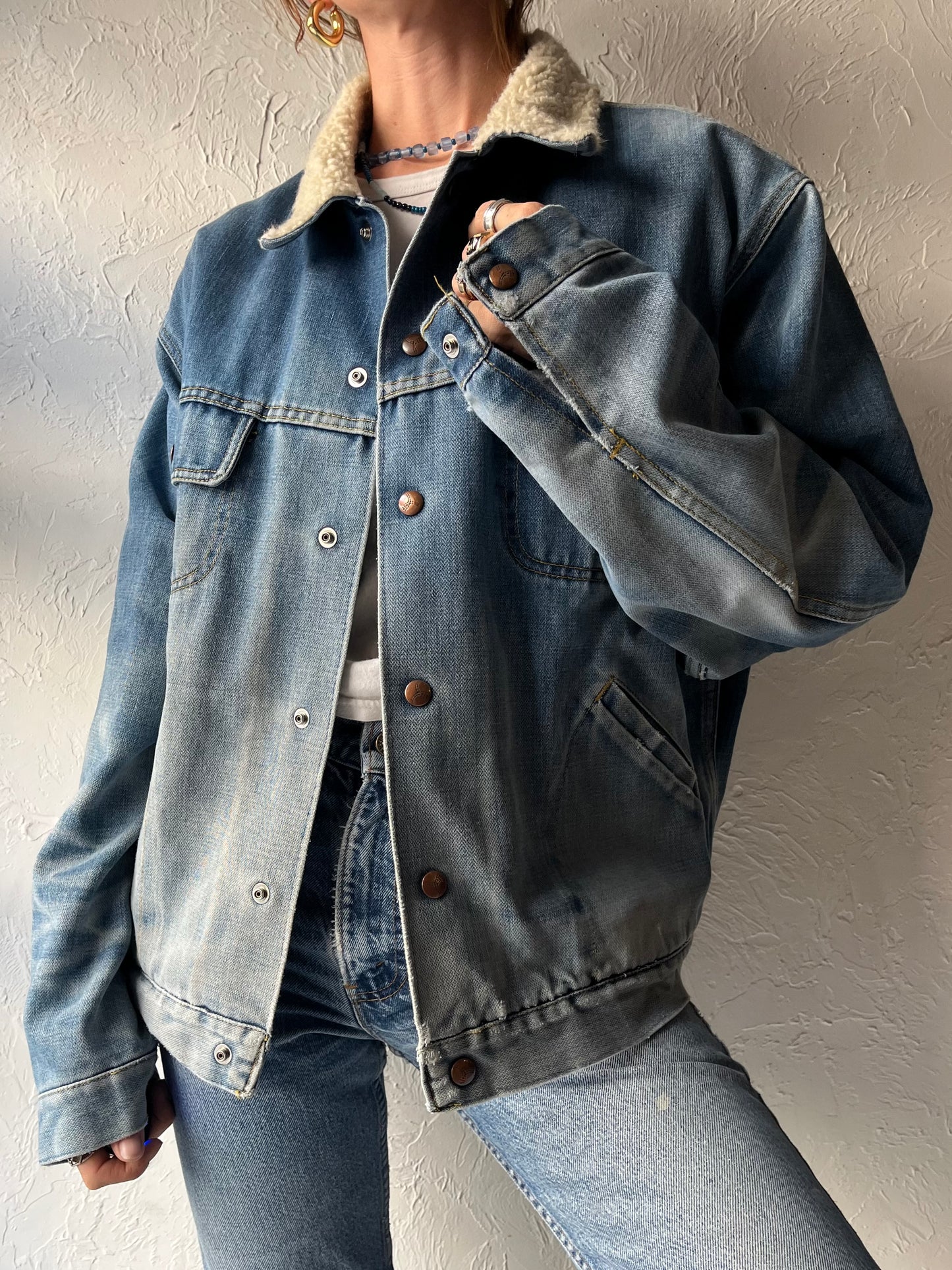80s 'GWG' Faux Shearing Lined Denim Work Wear Classic Blue Trucker Jacket / Large