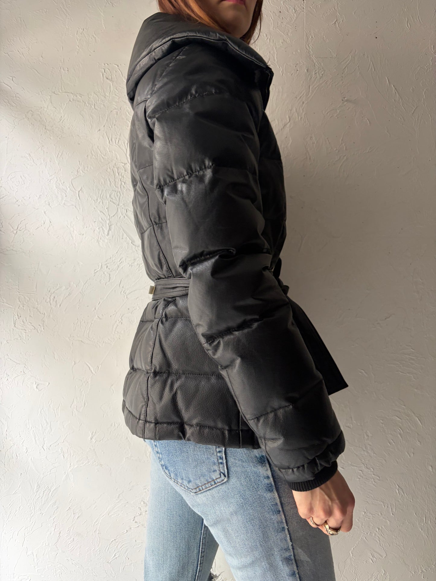 Y2k 'Danier' Black Puffy Leather Jacket / Vintage 2000s Streetwear Winter Jacket / XS
