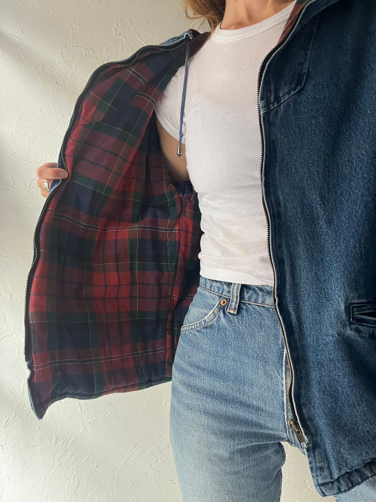 90s 'Bay Club' Plaid Lined Hooded Denim Bomber Jacket / Small