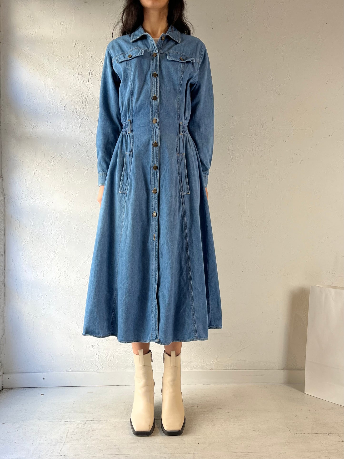 90s ‘SK Wear’ Collared Blue Denim Dress / Medium