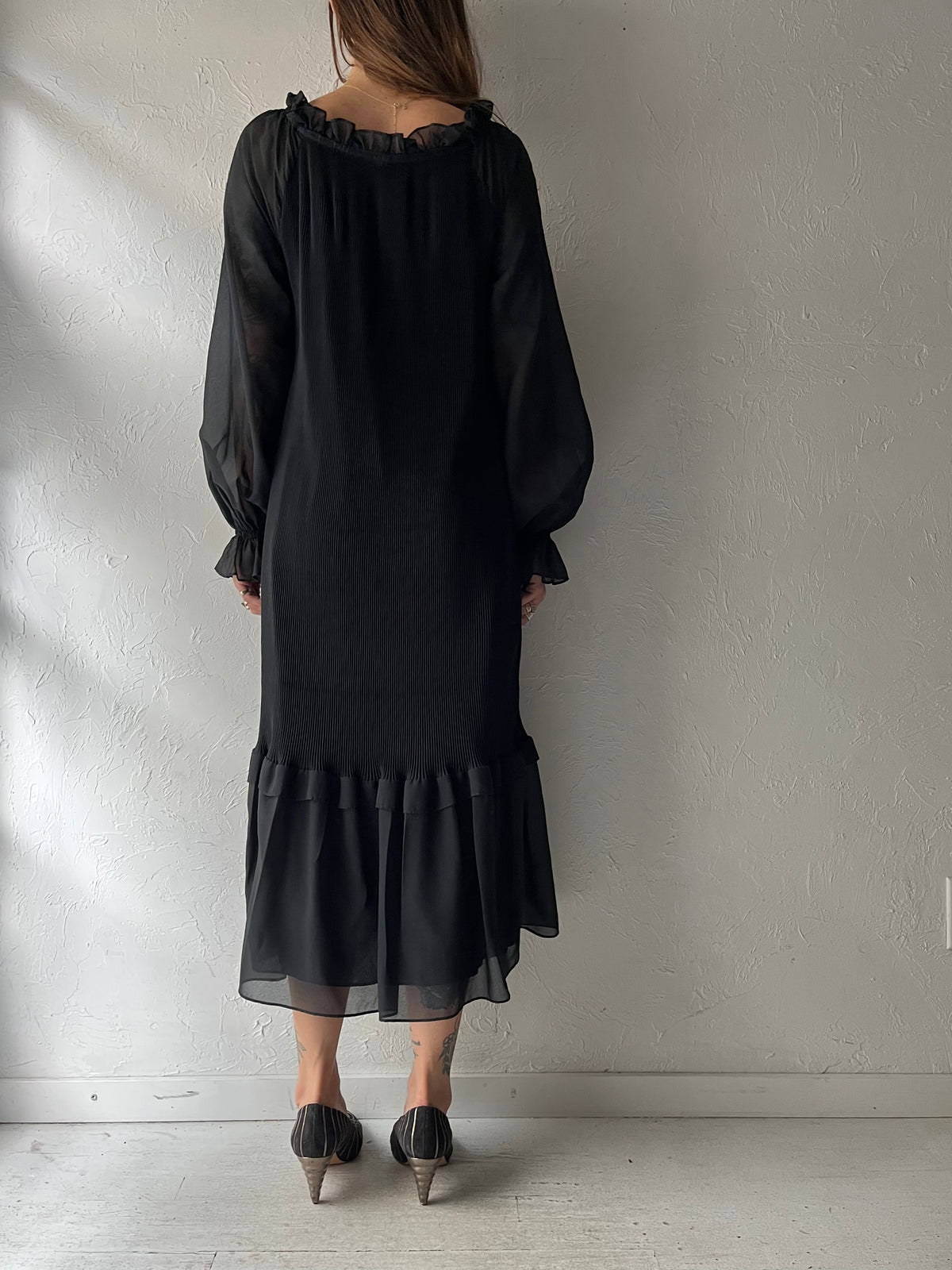 80s 'Lori Ann' Black Chiffon Ruffle Romantic Goth Witchy Cocktail Midi Dress / Medium