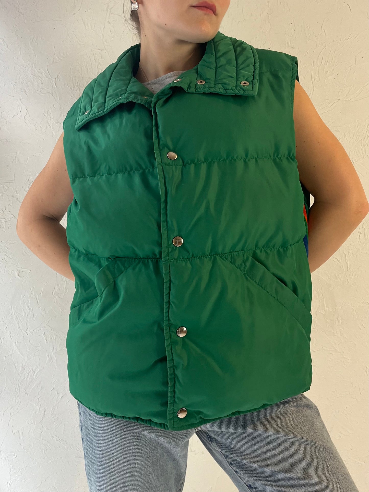 80s 'Topher' Green Quilted Nylon Down Puffer Vest / Large