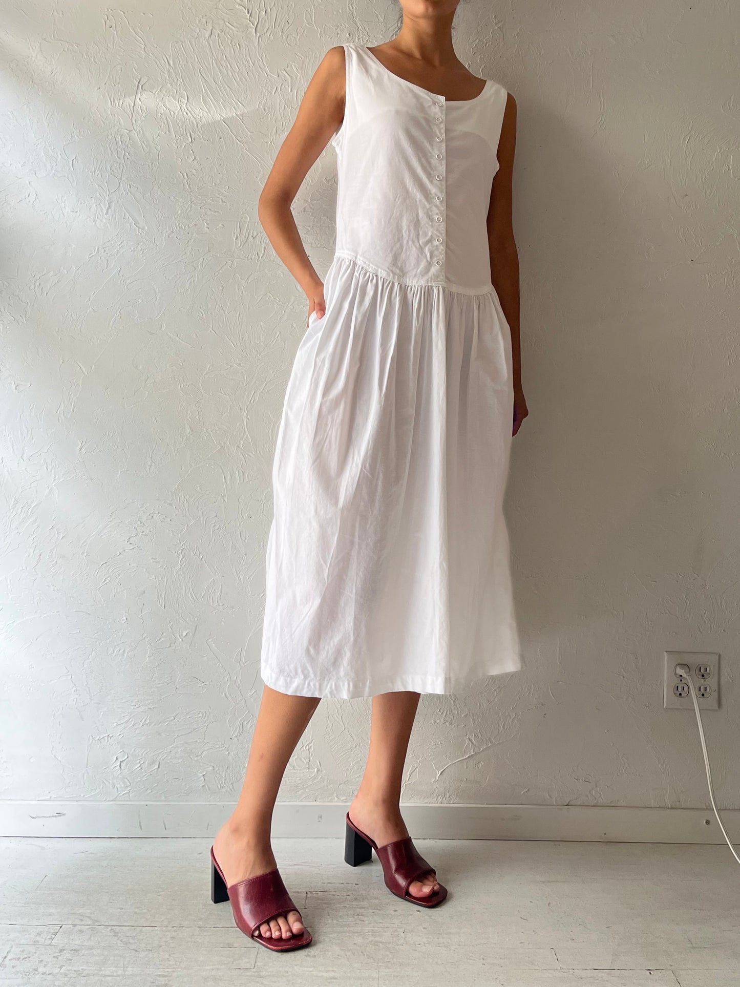 90s 'Auoca' White Cotton Midi Dress / Medium