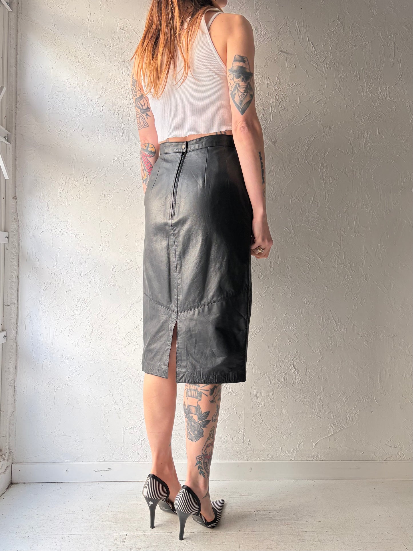90s ‘Pelle’ Black Leather Minimalist Midi Pencil Skirt / Small