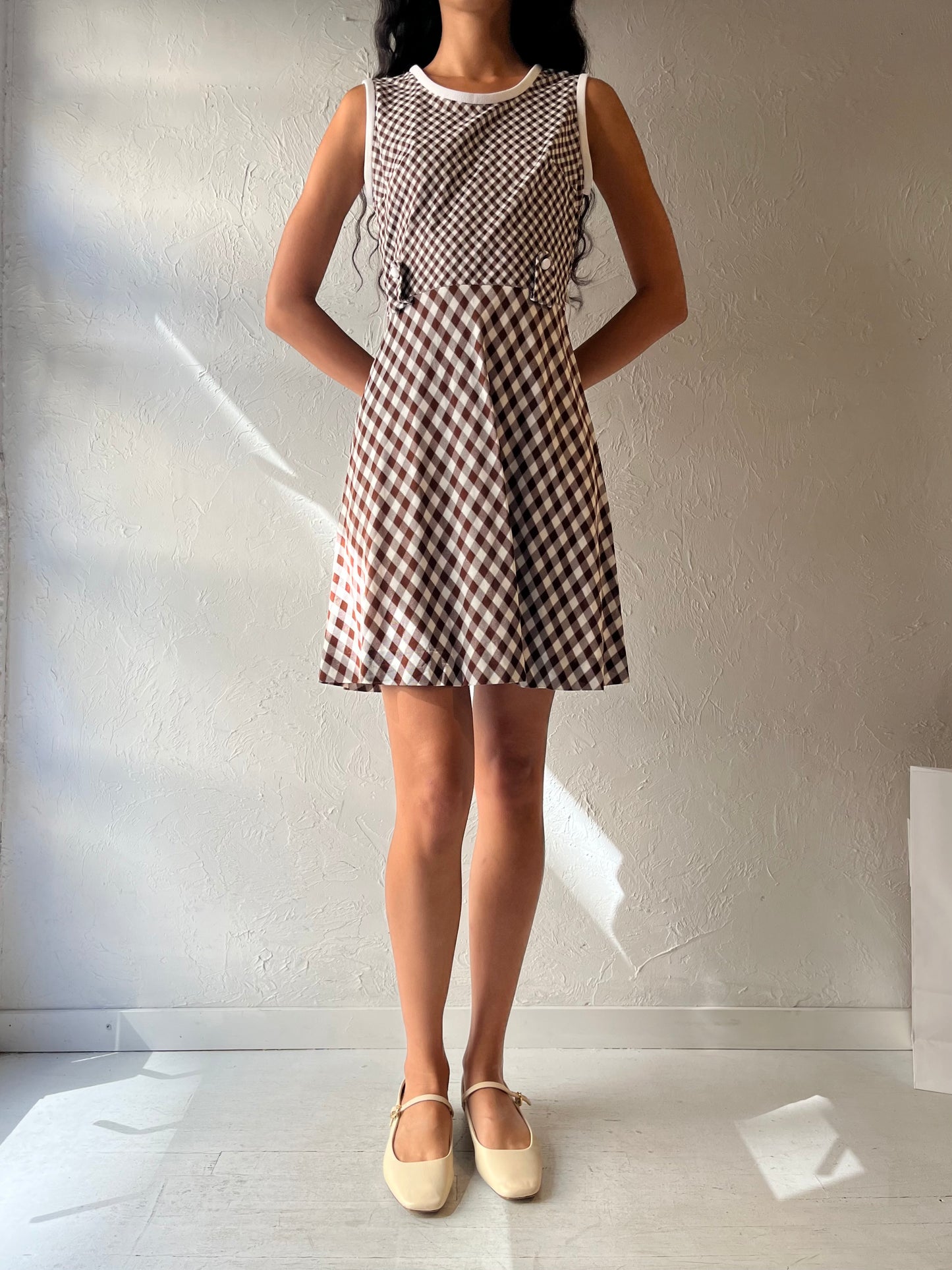 70s Brown Gingham Midi Dress / Union Made / Small