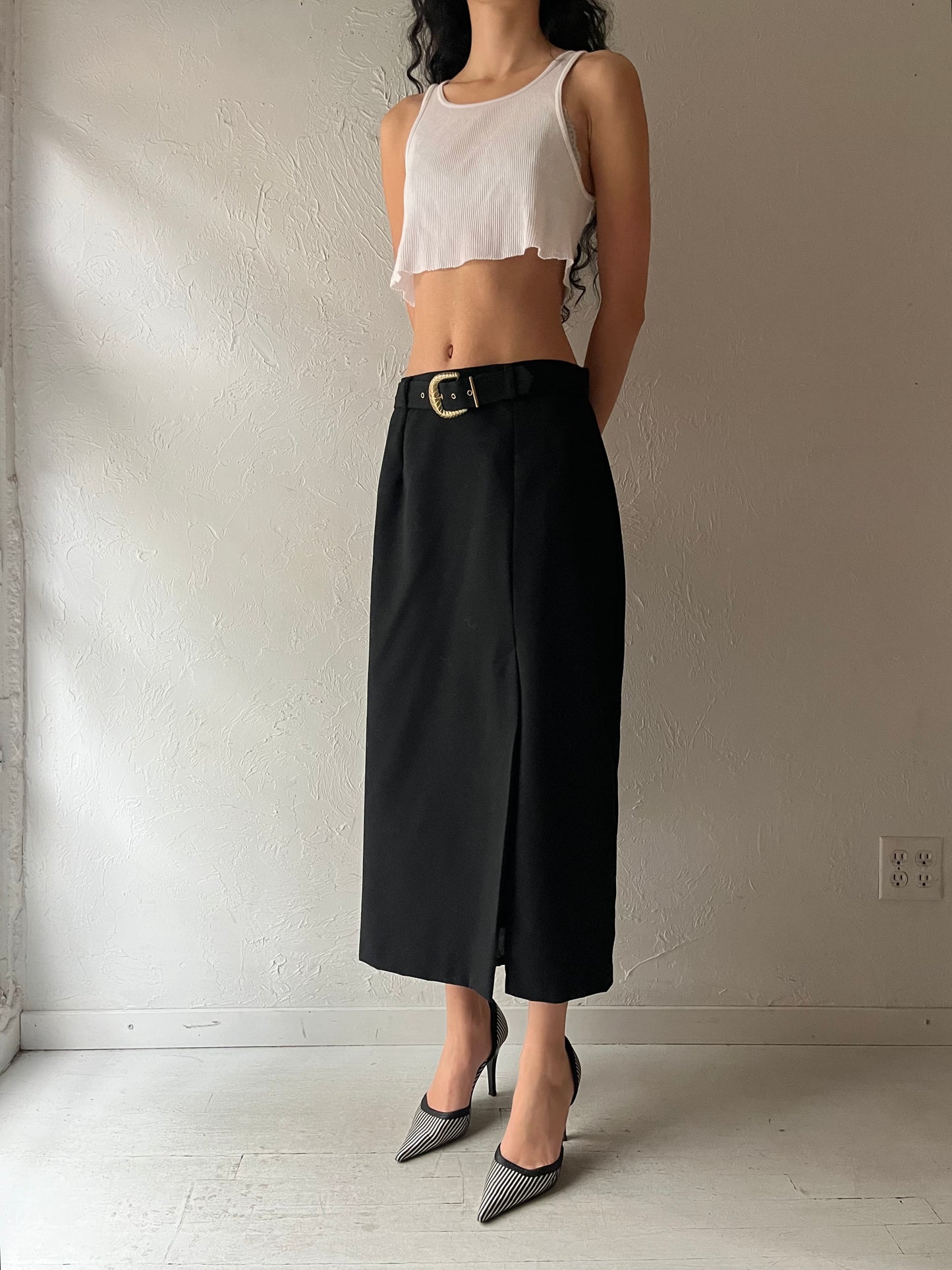 80s 'Two Roads' Black Pencil Skirt / Medium