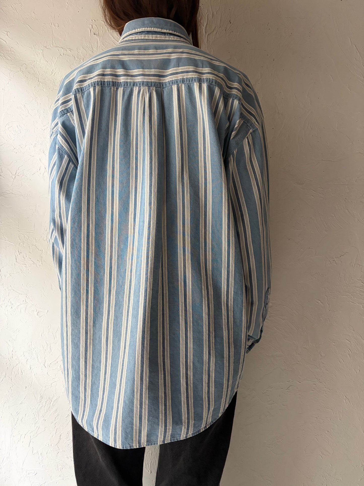 Y2k 'Anchor Blue' Striped Denim Western Cowboy Work Wear Shirt / Large