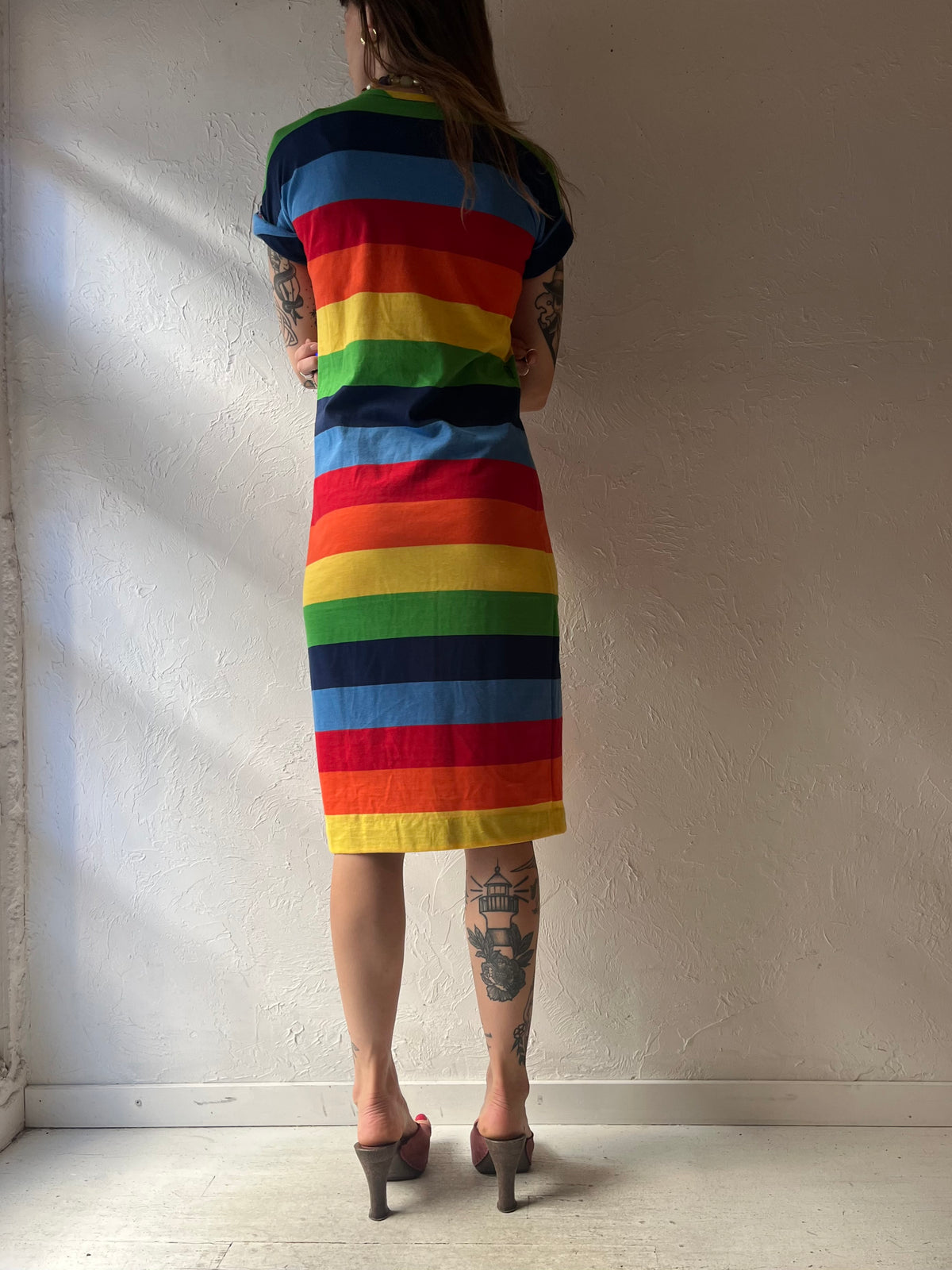 Vintage Rainbow Striped Retro Mod Colorblock Summer Midi Dress / Small