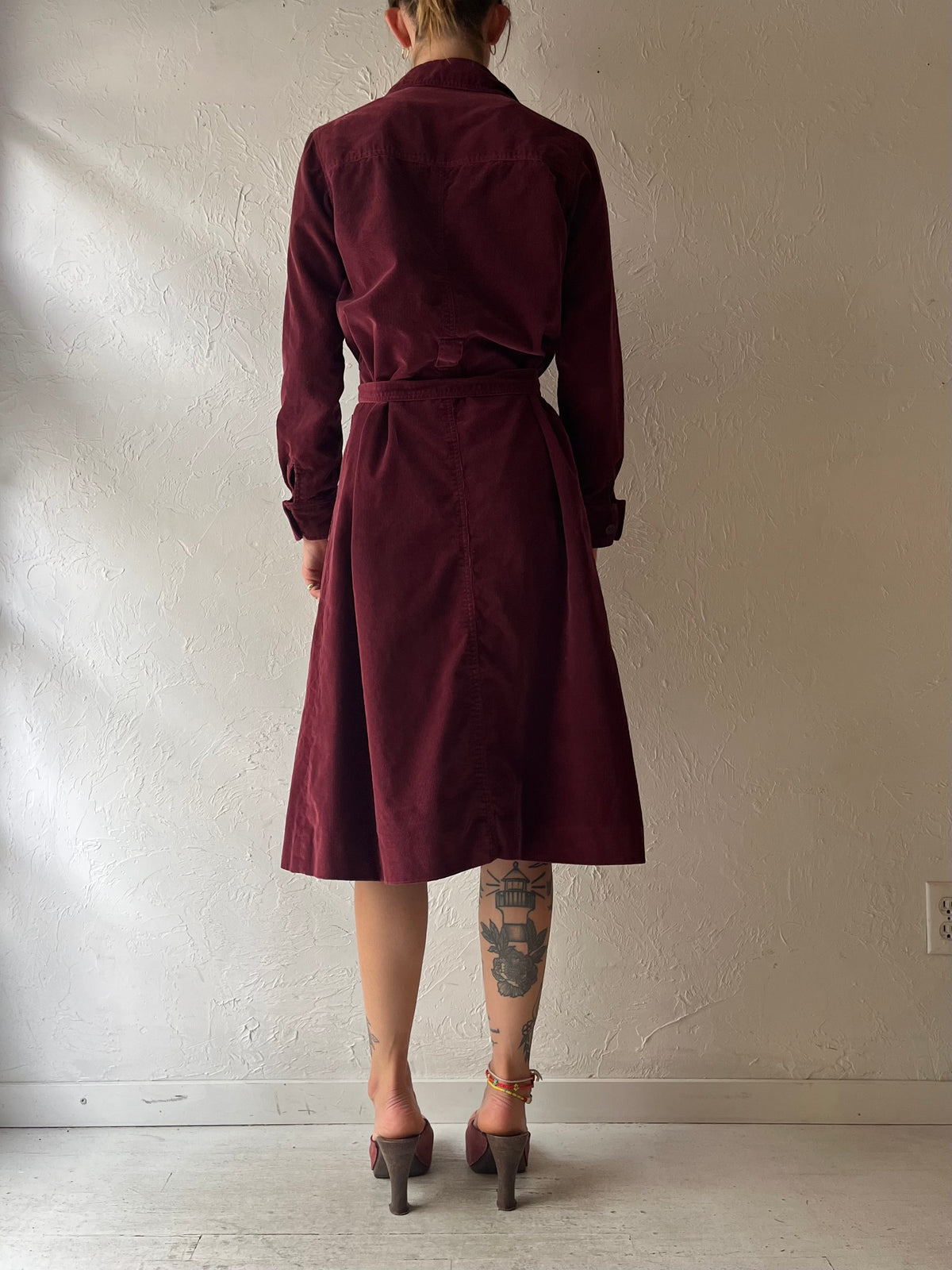 90s 'Ports International' Burgundy Corduroy Dark Academia Fall Midi Shirt Dress / Medium