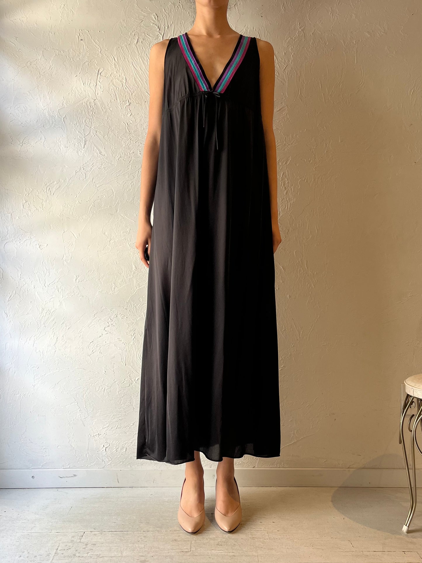 90s Black Nylon Romantic Lingerie Slip Maxi Dress / Large