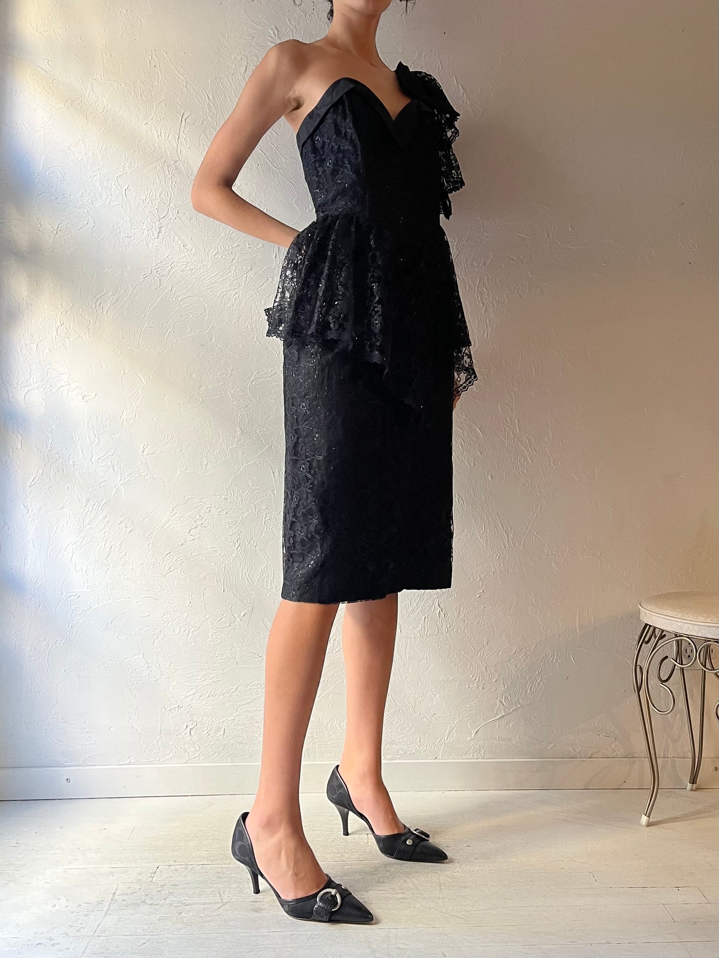 80s ‘Collections’ Black Lace Midi Formal Dress / Medium
