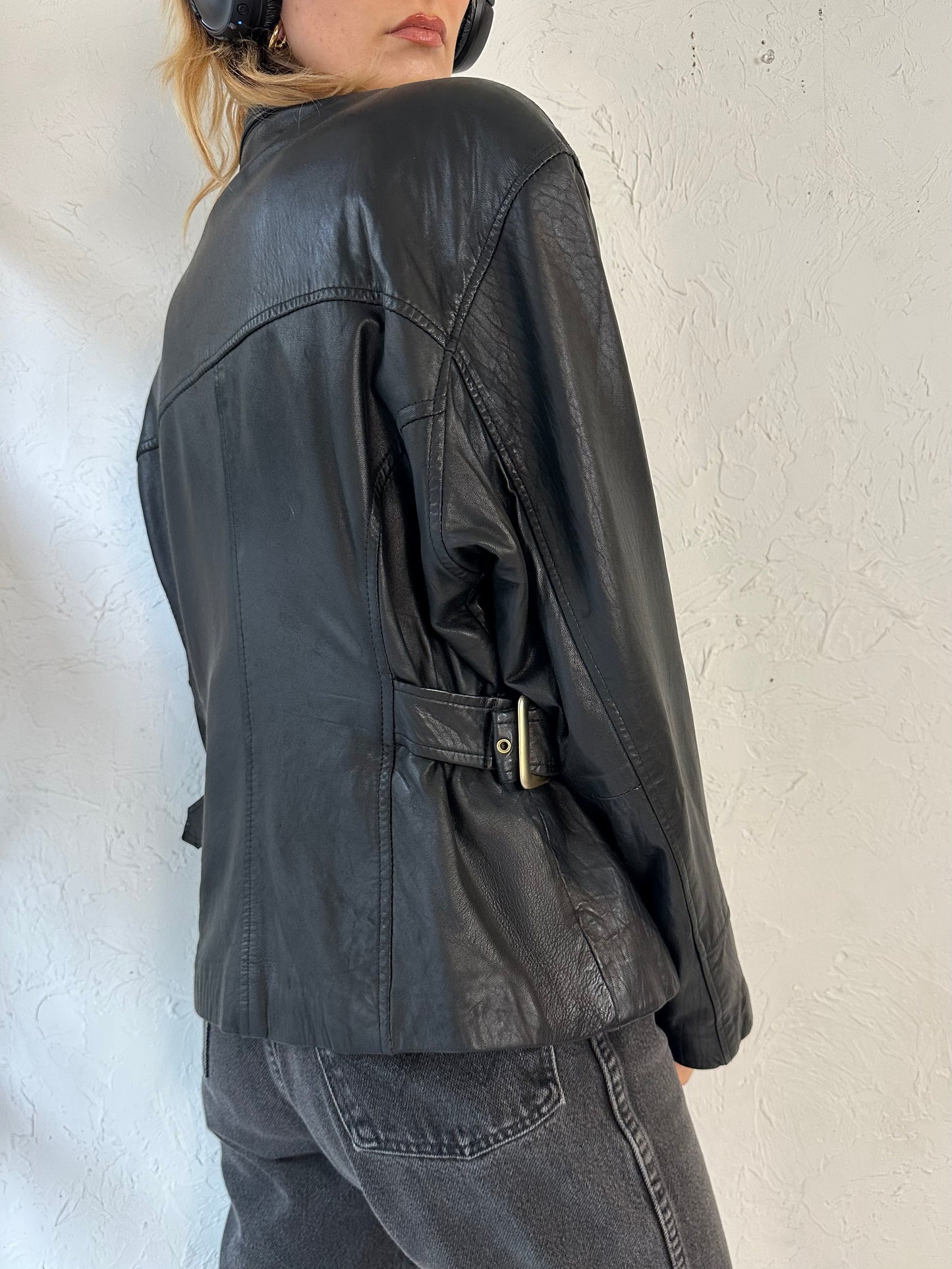 90s 'Danier' Black Leather Moto Style Jacket / Medium