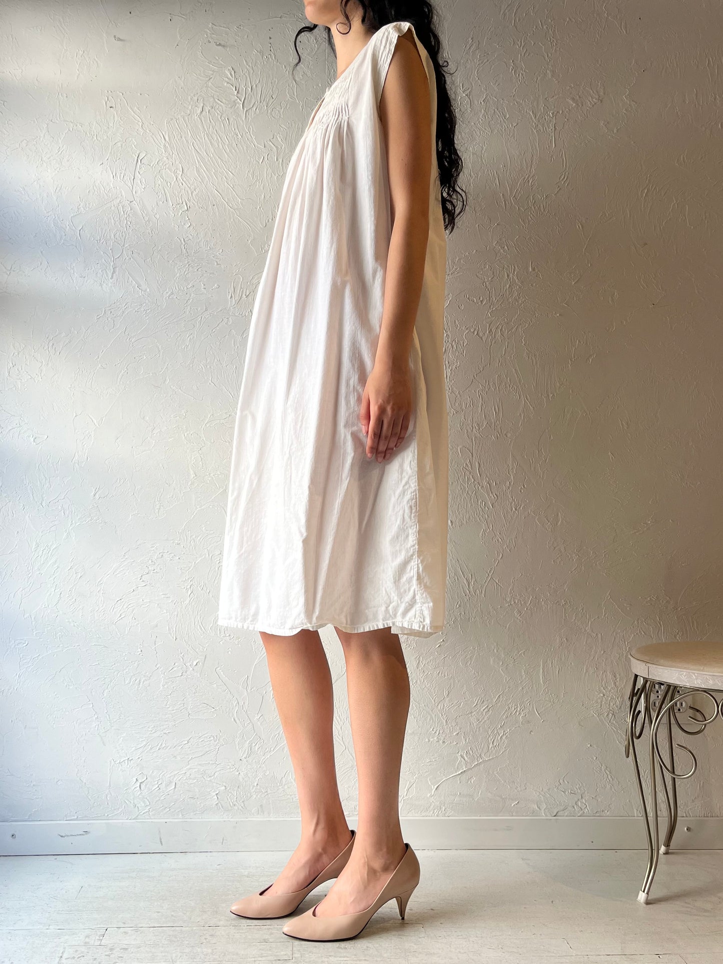 80s 'Punches' White Cotton Cottage Core Midi Dress / Medium