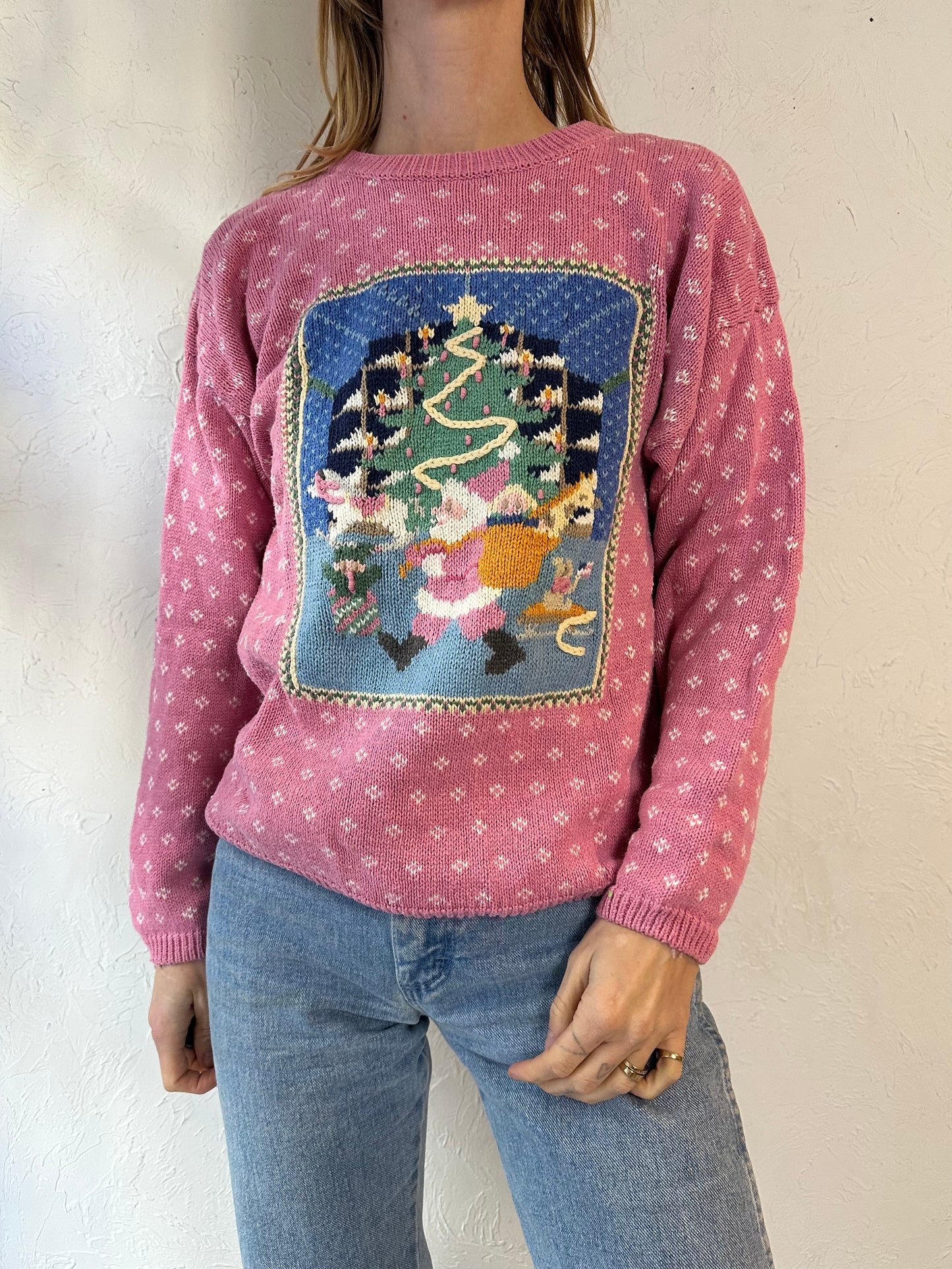 90s 'Ashley' Pink Cotton Ramie Santa Clause Sweater / Small