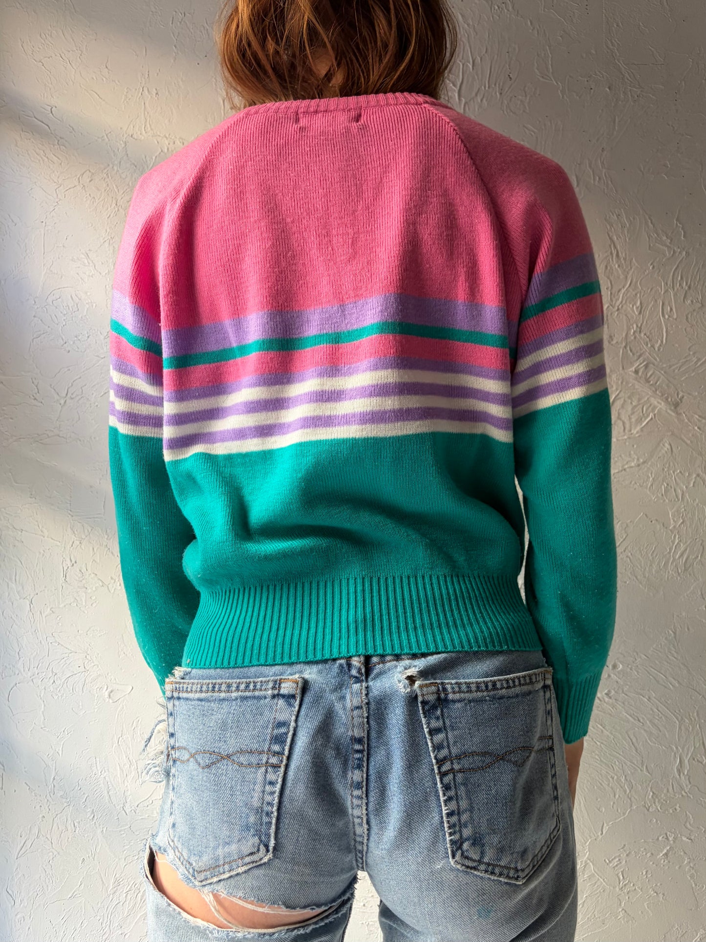 90s 'Jordache' Pink Stripped Retro Preppy Acrylic Sweater / Small