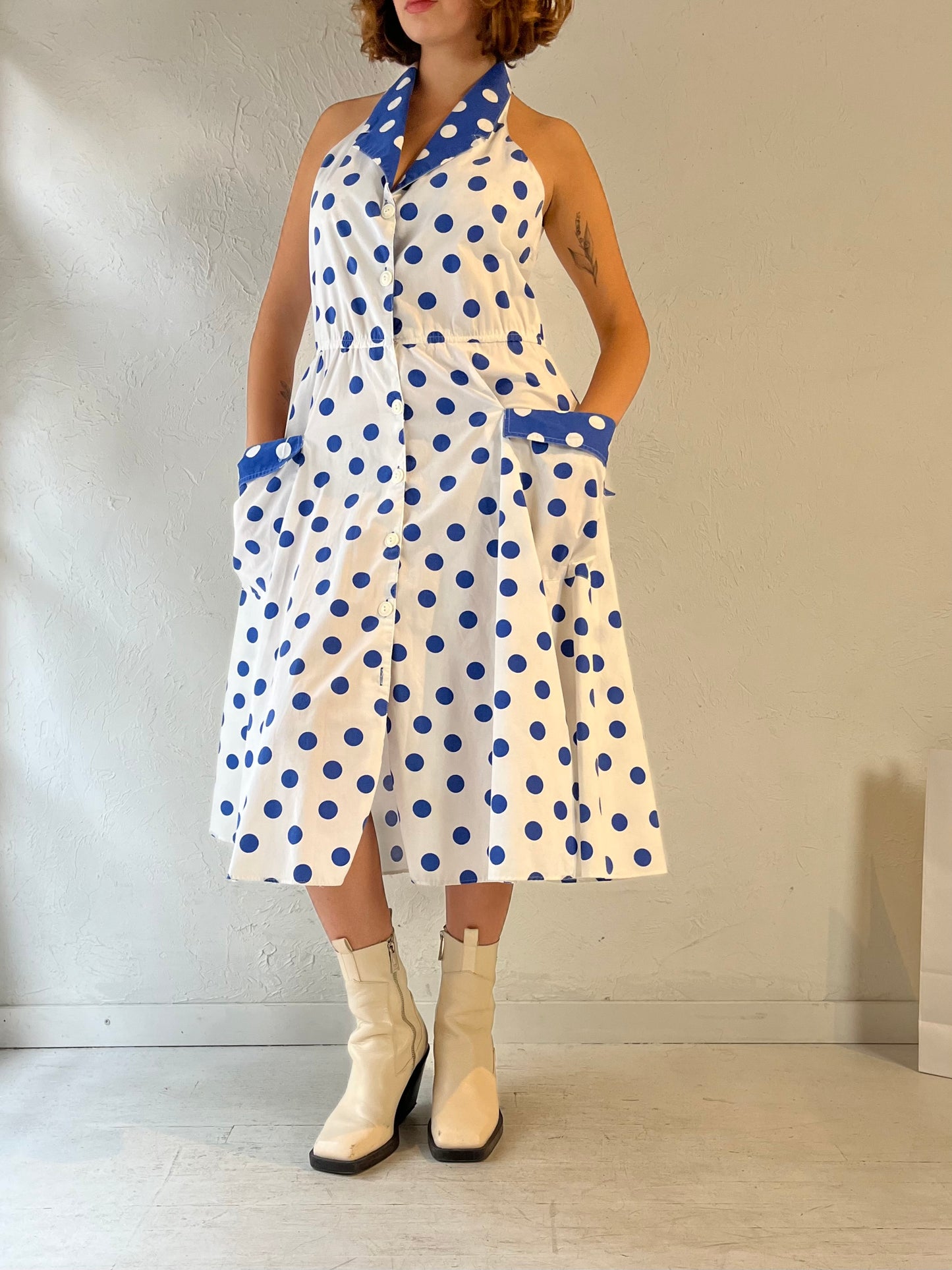 Y2k Collared Polka Dot Midi Dress / Large