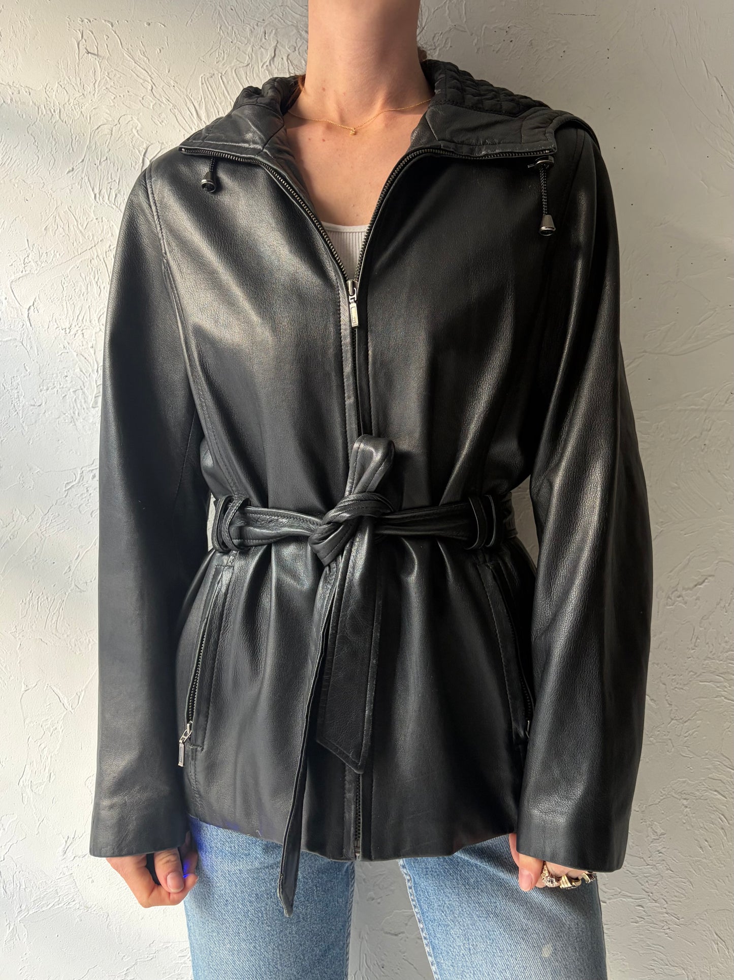 Y2k 'Maurices' Black Leather Hooded Minimalist Jacket / Vintage 2000s Zip Up Grunge Streetwear Outerwear / Medium