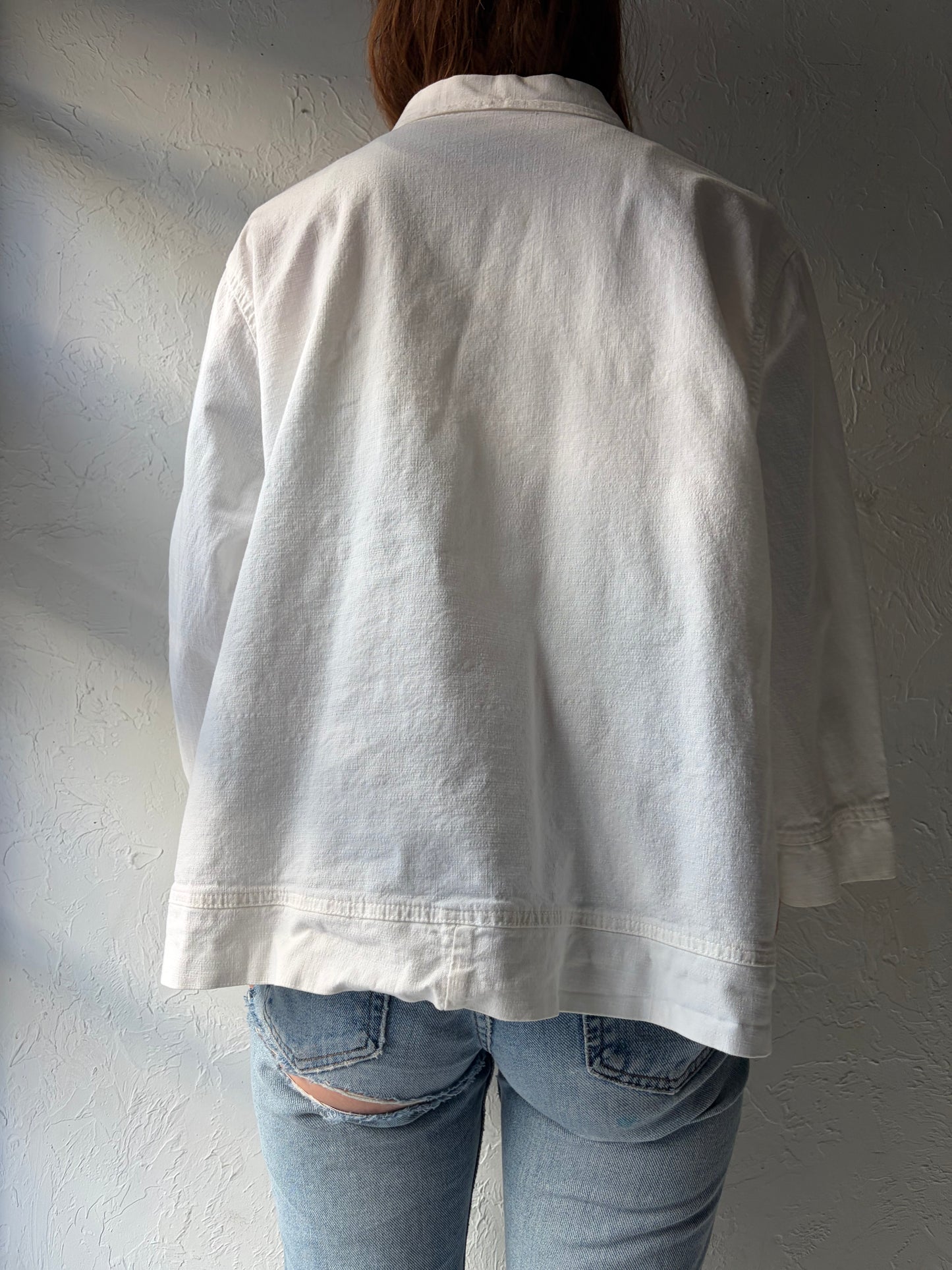 Vintage 'Ezze Wear' White Cotton Snap up Jacket / XL