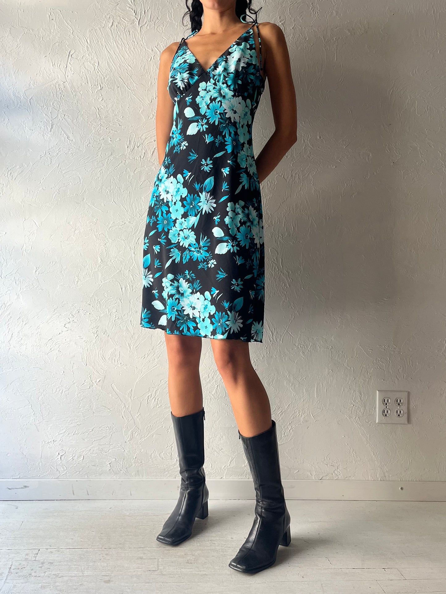 90s 'Jessica' Blue Floral Spring Summer Dress / Small - Medium