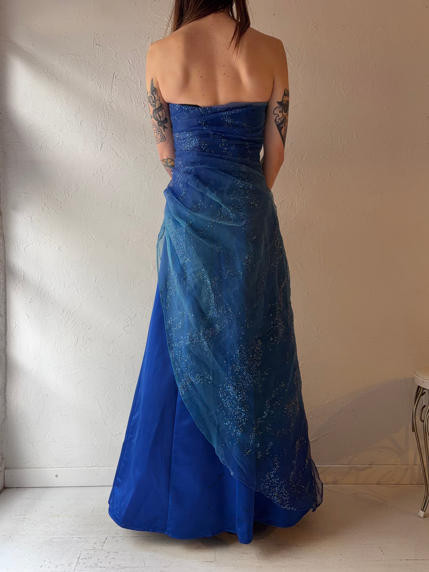 90s 'Jump' Blue Strapless Sparkly Formal Dress / Small