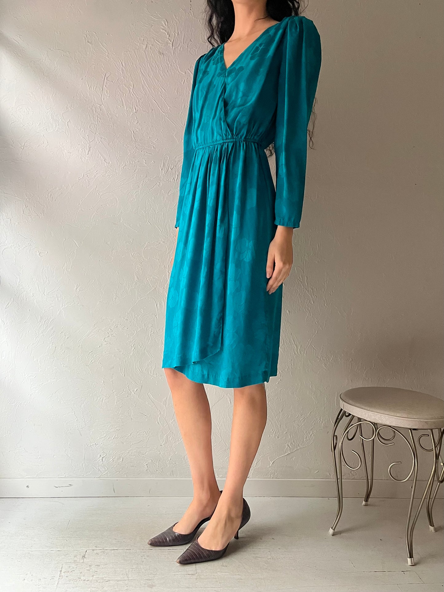 80s 'Nordstrom' Blue Silk Dress / Small