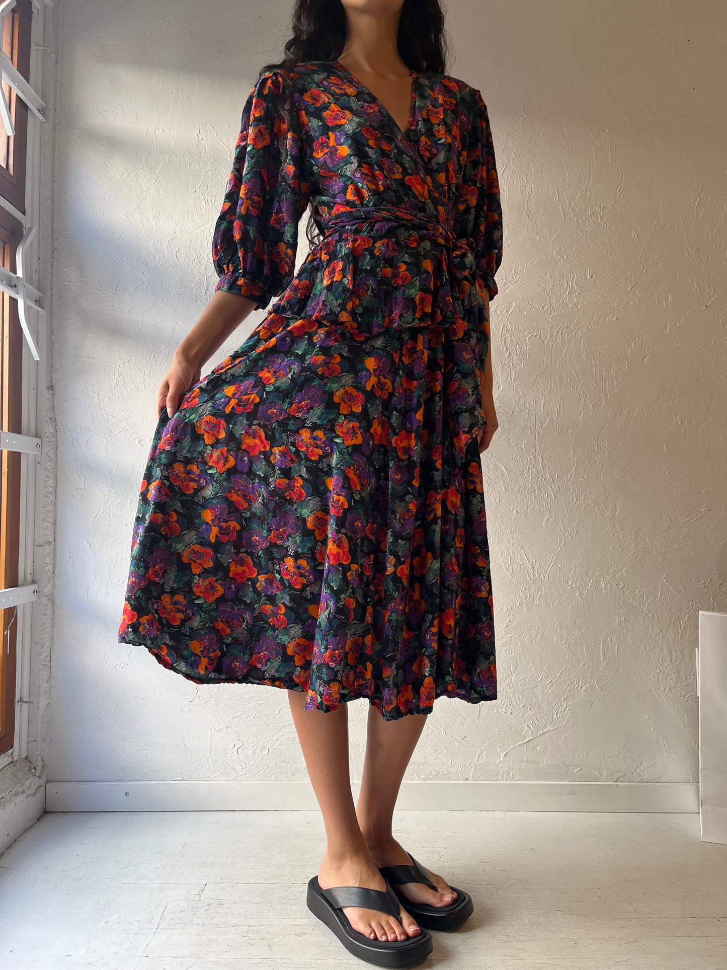 80s 'Jaegar' Floral Print Midi Dress / Small