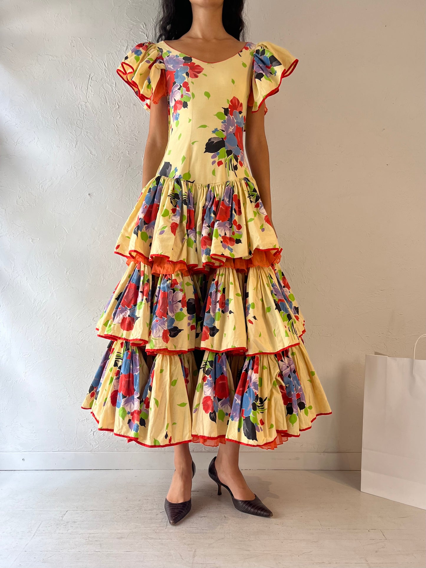 Vintage Handmade Yellow Floral Flamenco Dress / Small