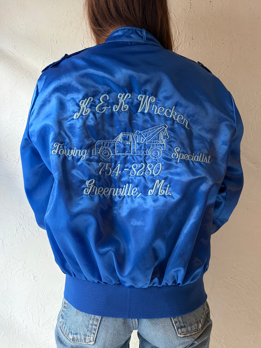 90s 'Satins'  Blue Embroidered Nylon Bomber Jacket / Large