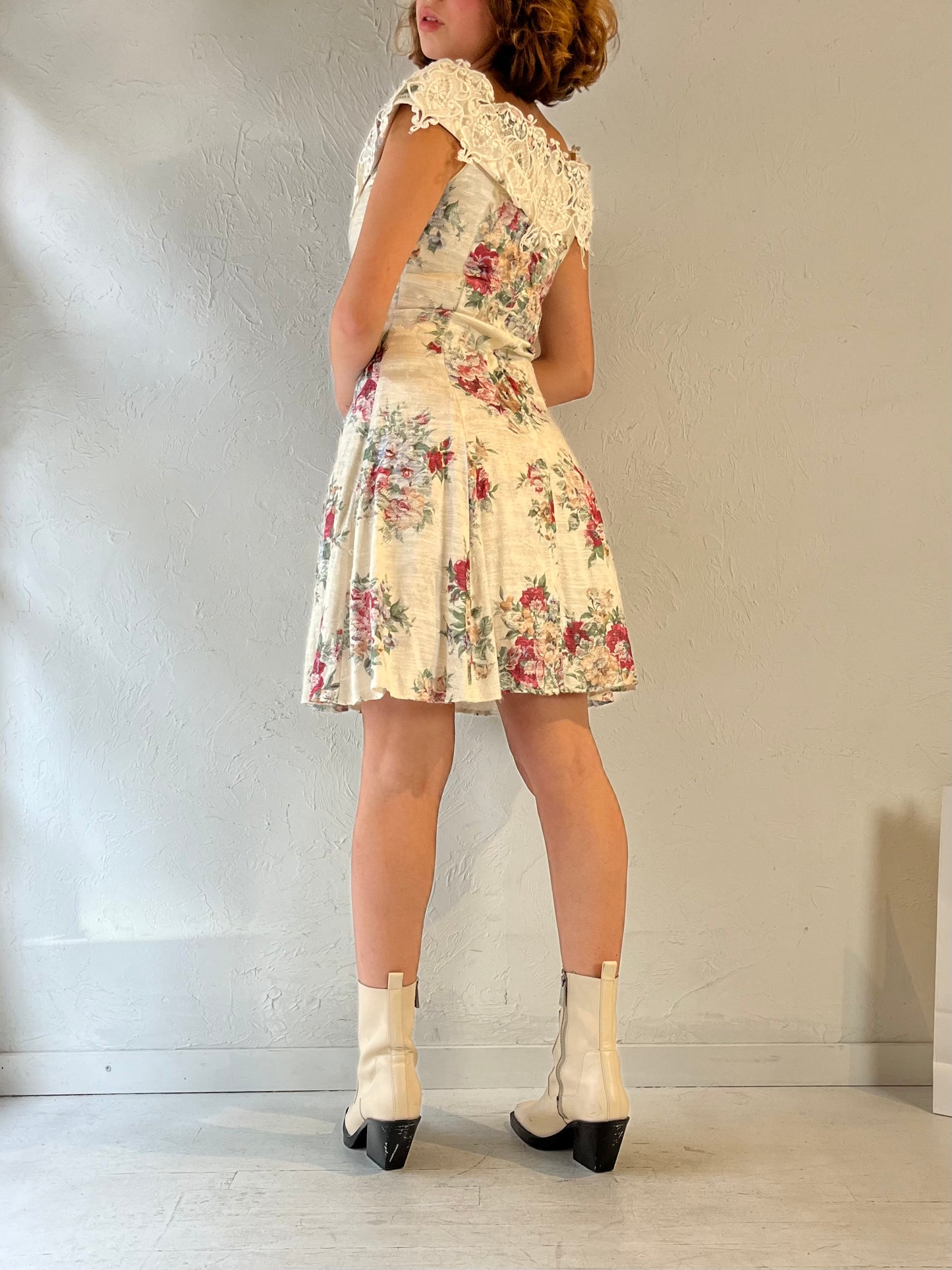 90s 'Roberta' Cream Floral Mini Dress / Small