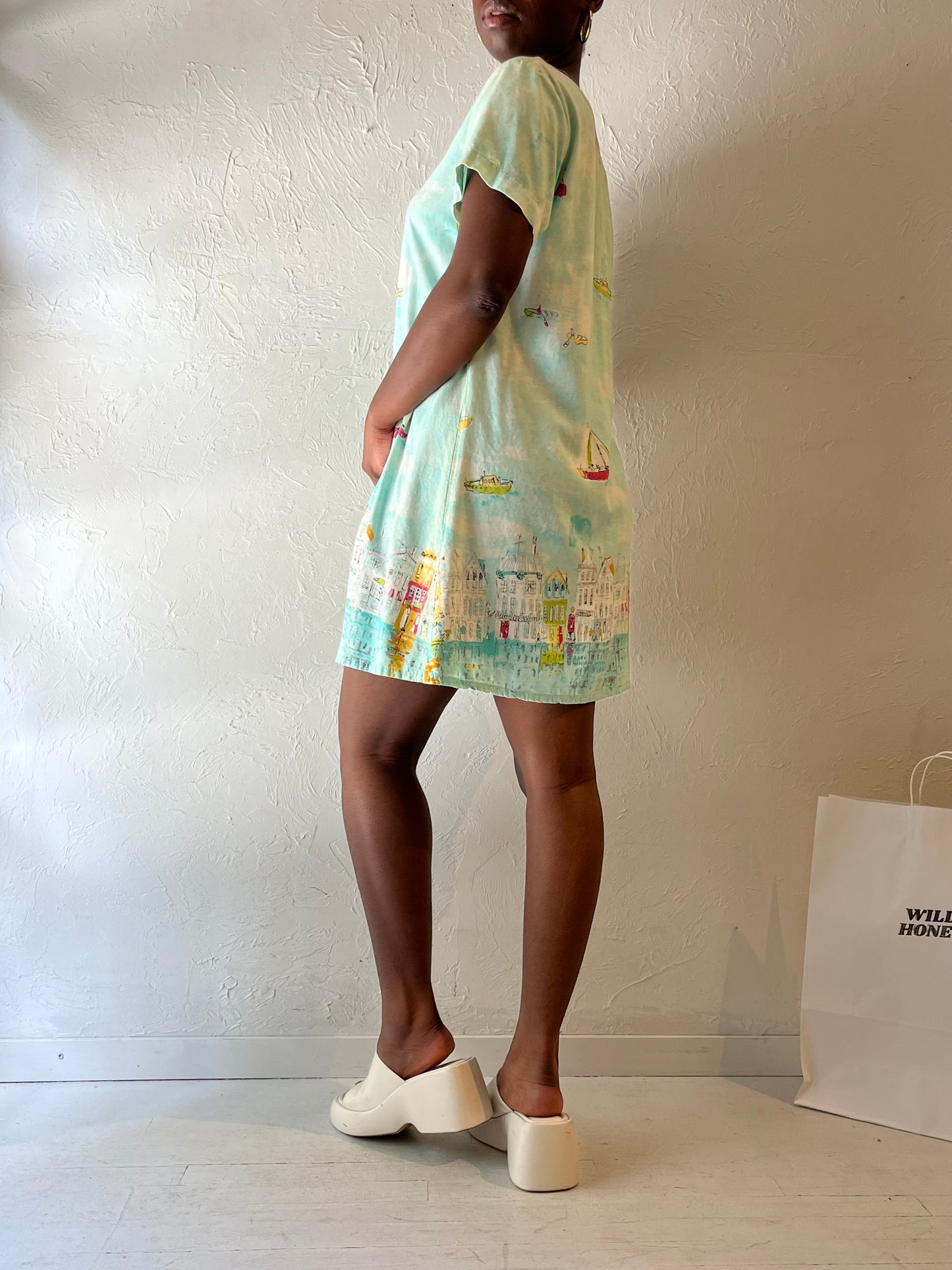 90s 'All Hours' Water Color Rayon Mini Dress / Large